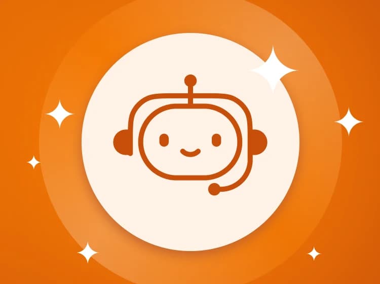 Illustration of an orange robot with a turquoise head, large eyes, wearing a black jacket and red bow tie. It's standing against a beige circular background, embodying the tech-savvy spirit companies must-know before building chatbots.
