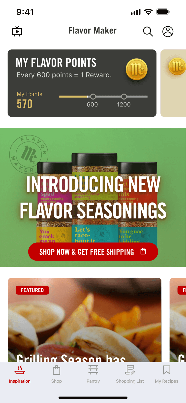 Screenshot of the McCormick app features a section titled "Introducing New Flavor Seasonings" with a button for free shipping. The top section displays user points and offers. Navigation bar is visible at the bottom.