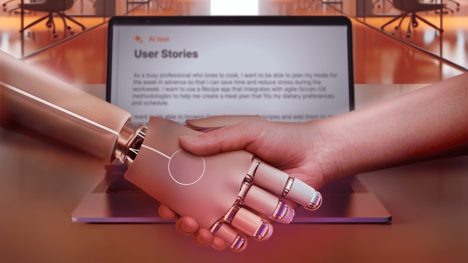 Human shakes hand with robot in front of computer that displays example of a user story from software development