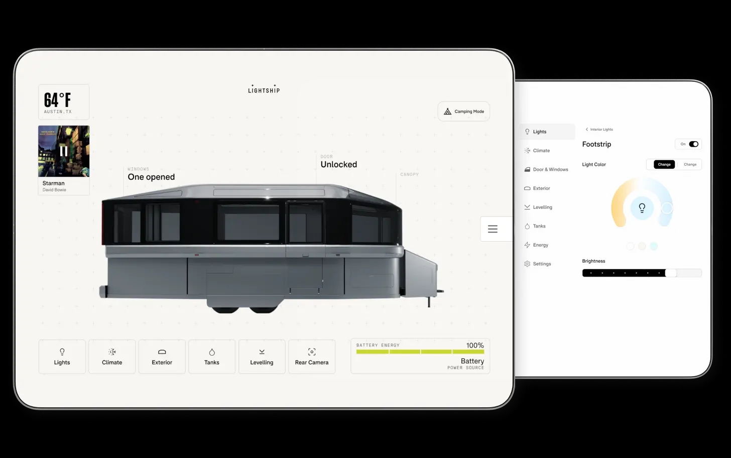 A digital interface displays controls for a camper van, showing status indicators (one door opened, unlocked) and settings for lights, climate, and devices, along with battery status at 100% in the Hero Lightship app project.