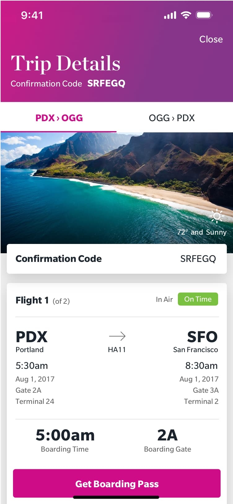 Hawaiian Airlines app showing flight details for a trip from PDX to SFO, including flight number, times, seat assignment, and a photo of a coastline under text "Trip Details.