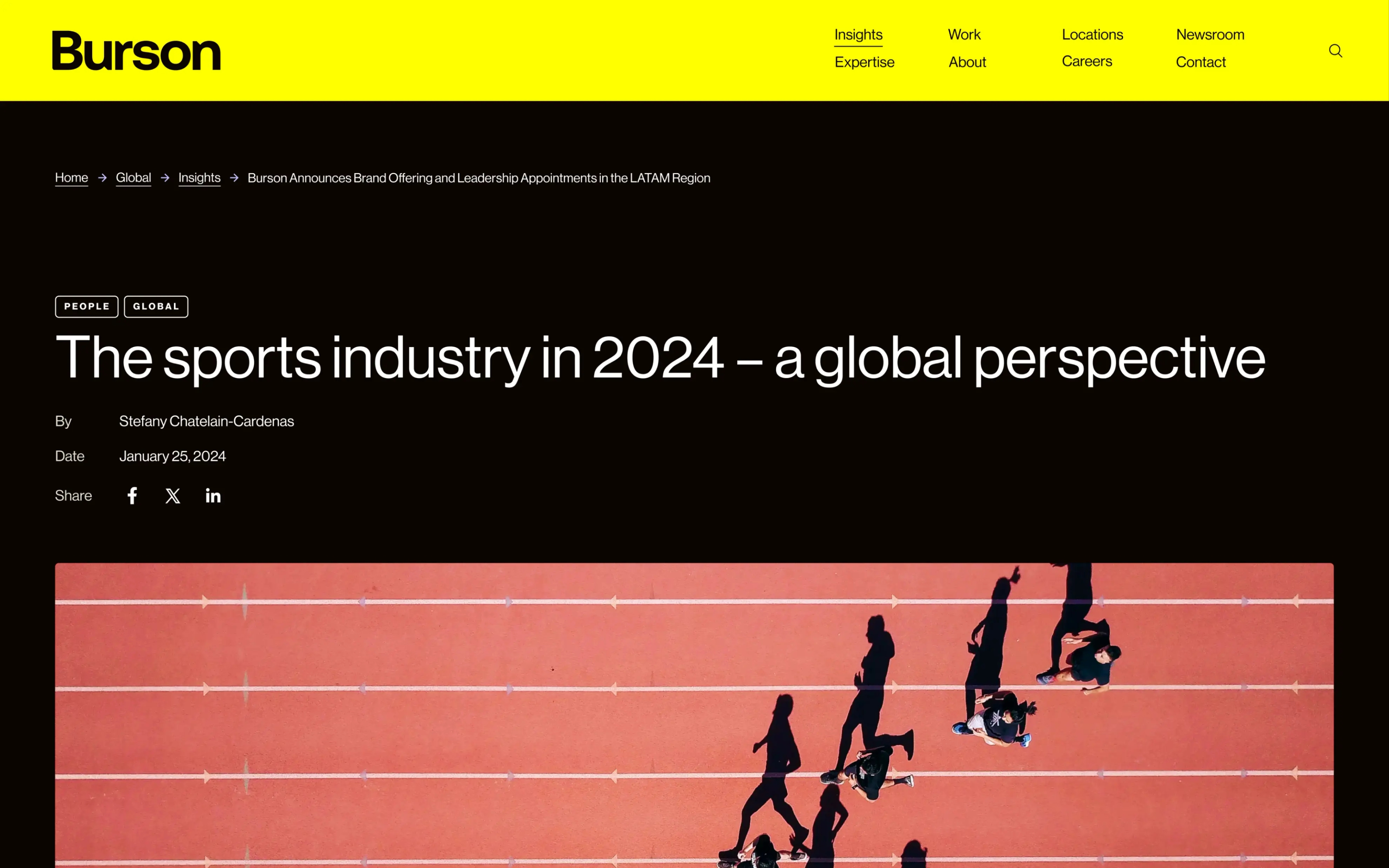 Screenshot of a Burson insights page, displaying the tags "People" and "Global", a title that reads "The sports industry in 2024 - a global perspective", author and date fields, social share buttons, and a picture of athletes on a running track.