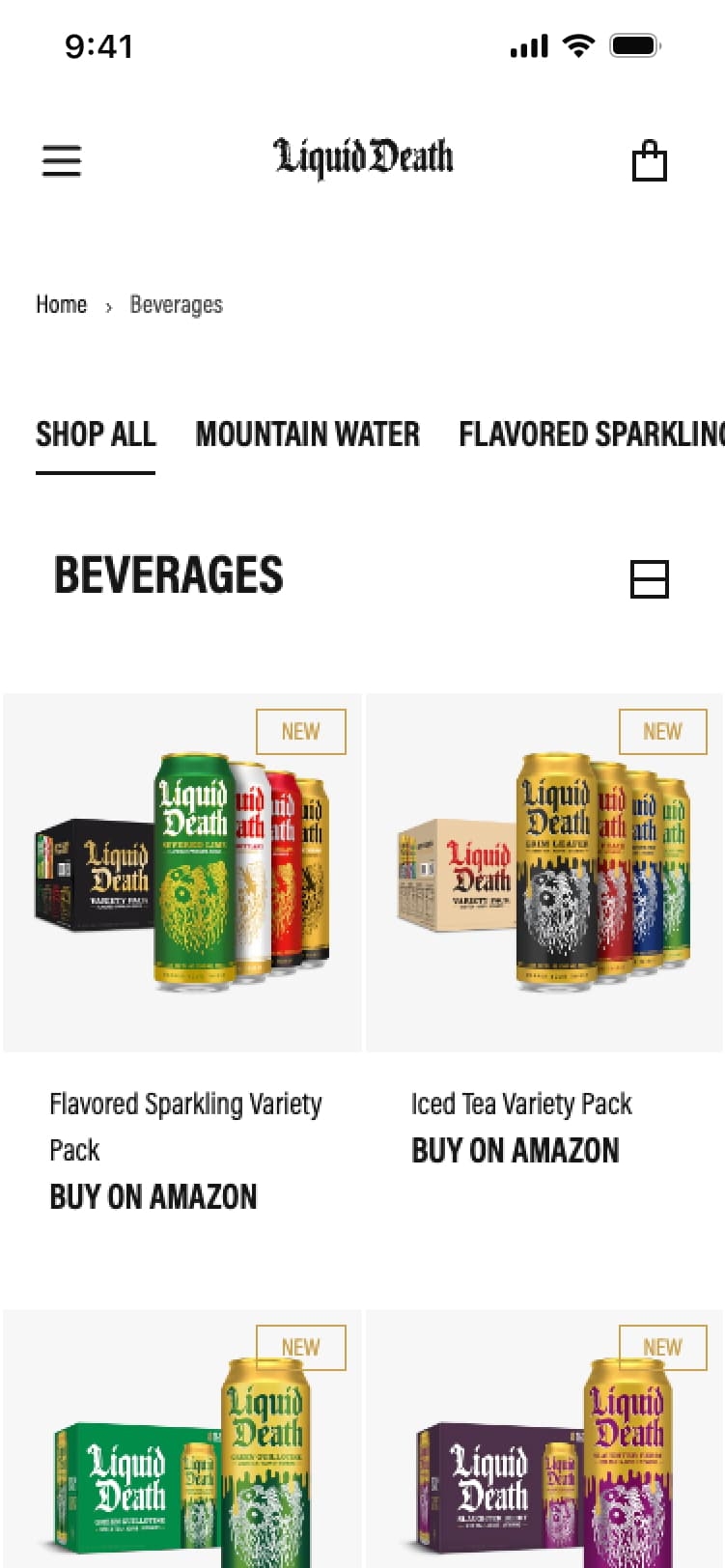 Screenshot of a Liquid Death app page displays beverage options like "Grim Leafer" and "Iced Tease" in packs of 12 or 24. Features include product images, prices, and purchase links.