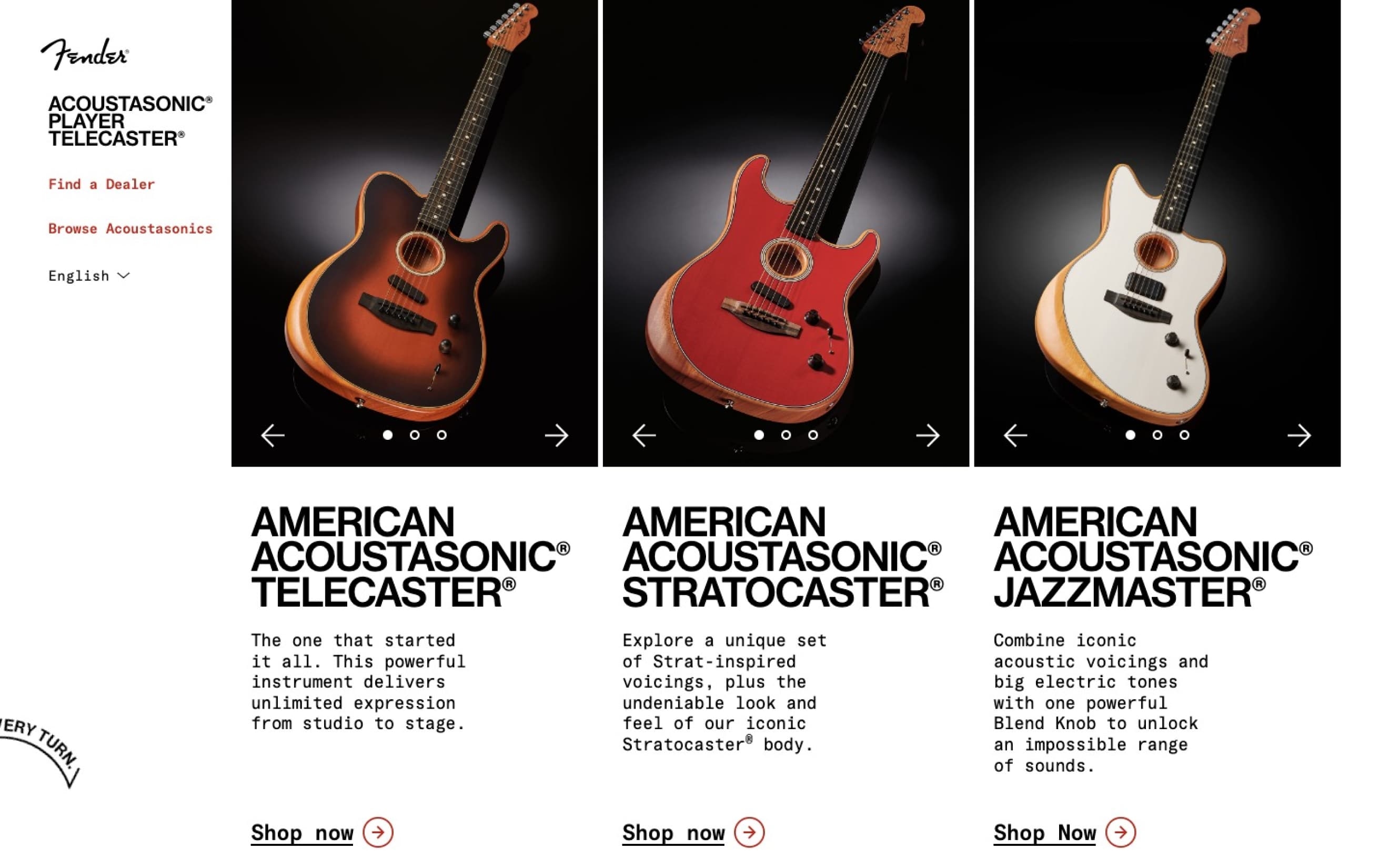 Screenshot of a web page displaying three Fender guitars: Acoustasonic Telecaster, Acoustasonic Stratocaster, and Acoustasonic Jazzmaster, each with a brief description and a "Shop now" button on the Fender website.