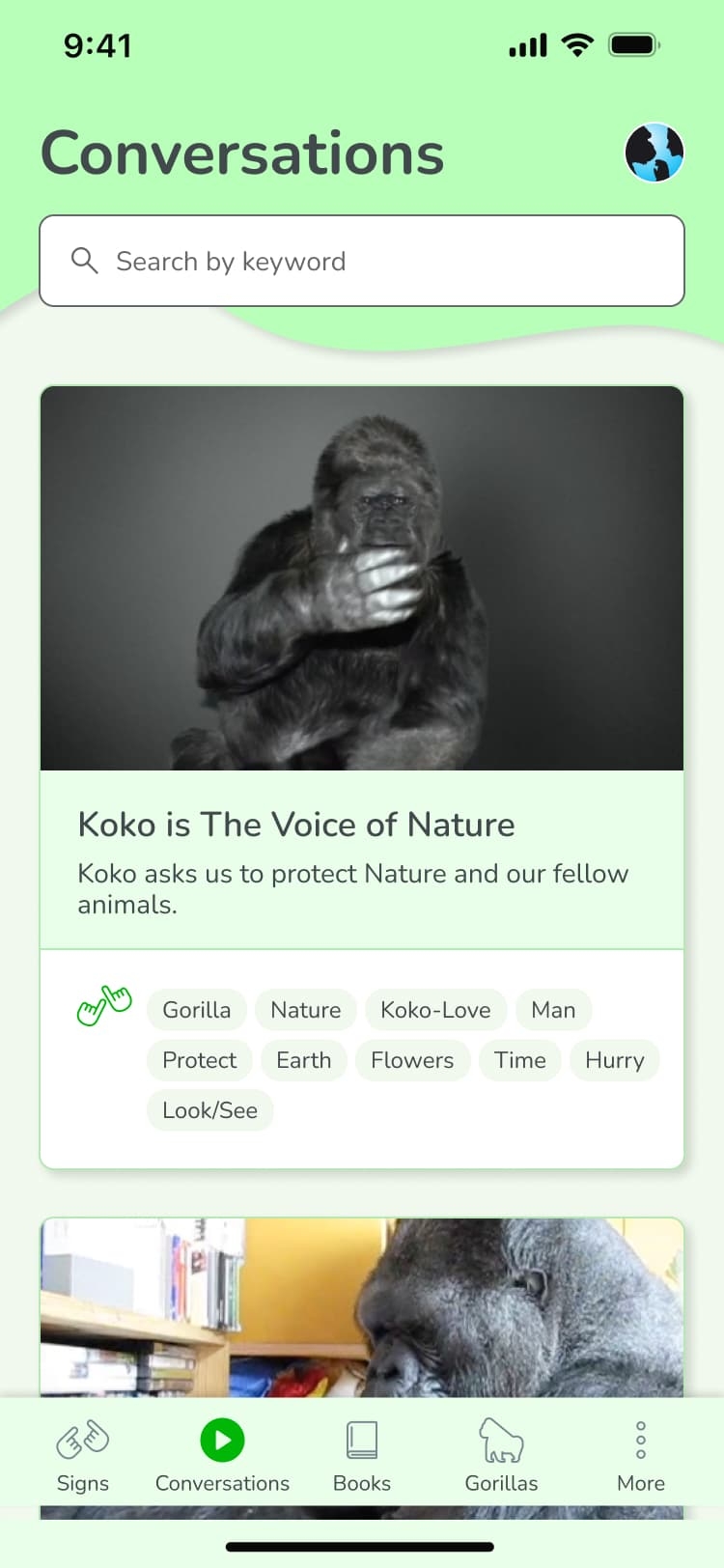 Koko signs app by ArcTouch screen displays a nature conversation app with an image of a gorilla and a search bar at the top.