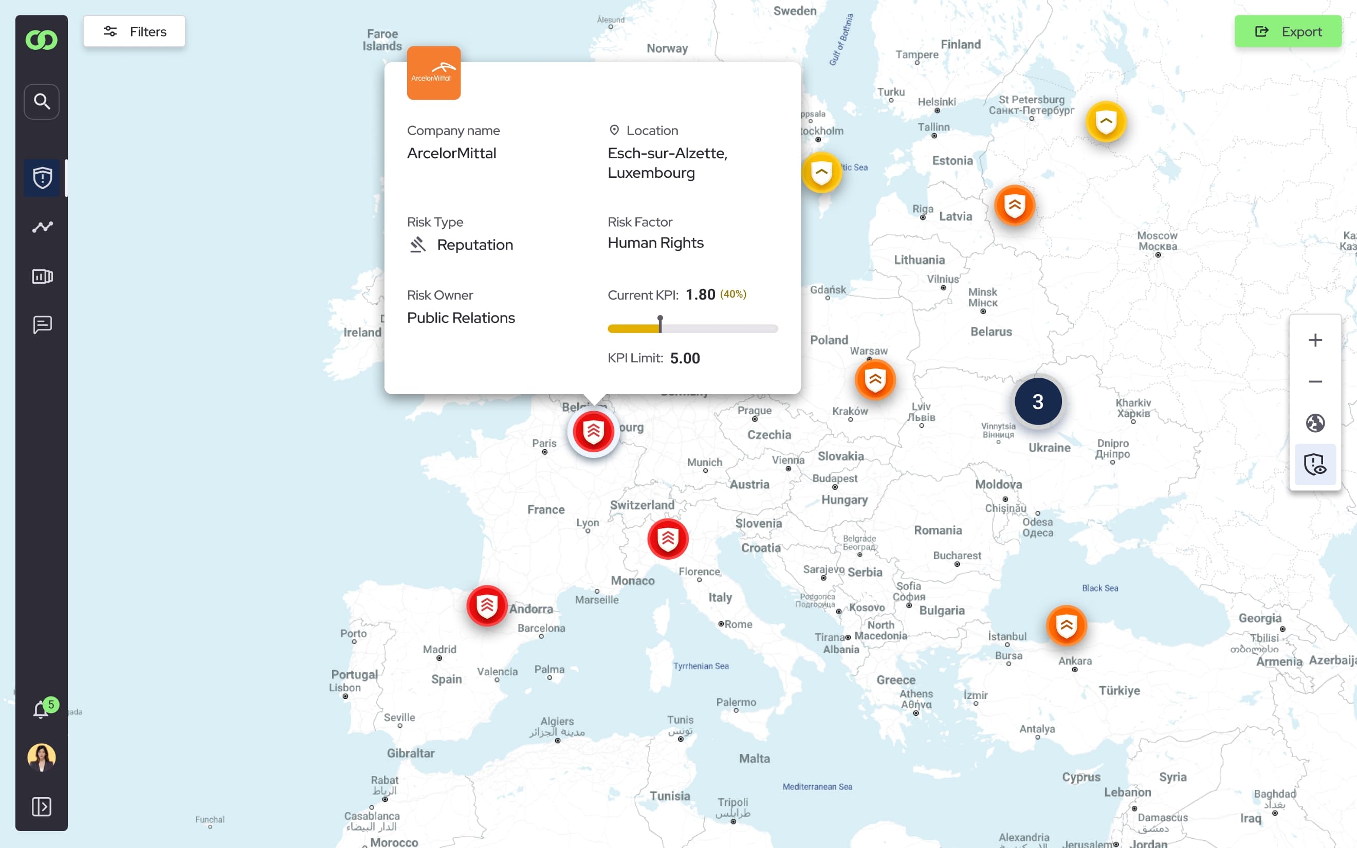 A map showing various European cities marked with icons representing different companies, including a highlighted company in Esch-sur-Alzette, Luxembourg, with details about how the Cure Intelligence website helps companies manage supply chain operations in a pop-up box.