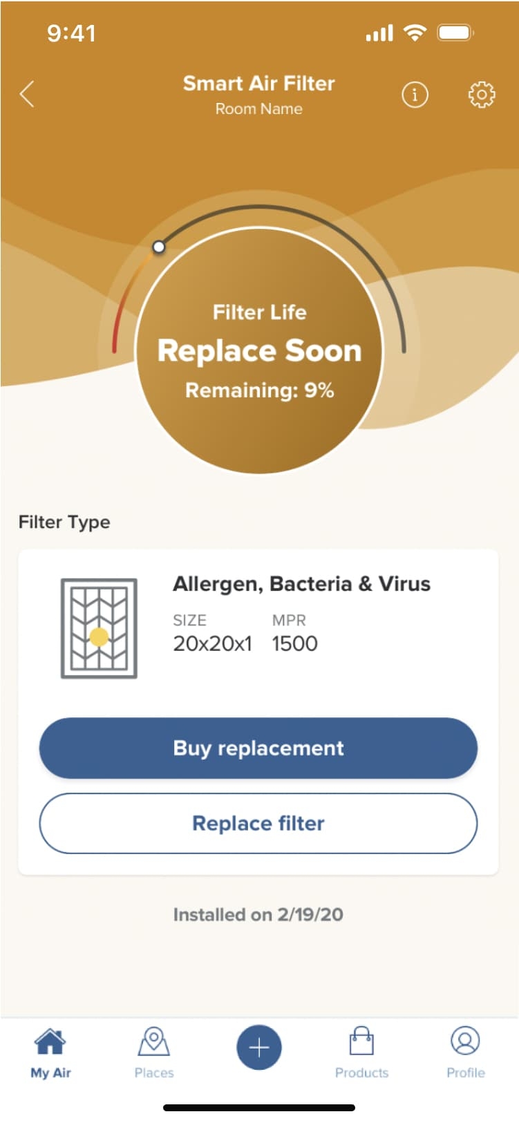 A smartphone screen displays the 3M Filtrete app indicating a smart air filter's life is at 5% and needs replacement soon. Options to buy a replacement or replace the filter are shown.