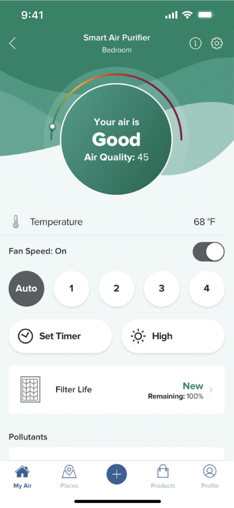 Screenshot of a 3M Filtrete app showing air quality as "Good" with a score of 45, temperature at 68°F, fan speed options, filter life, timer settings, and a section for pollutants.