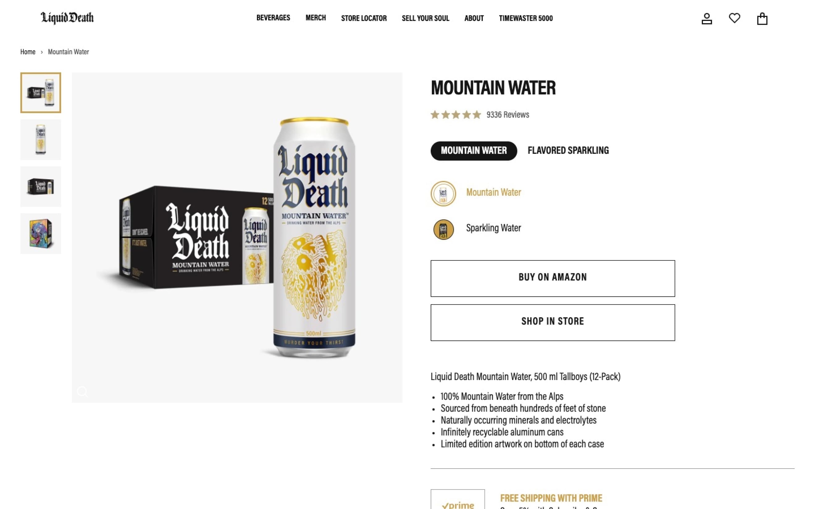 Screenshot of the Liquid Death website, featuring a can of Mountain Water and its packaging. The webpage includes product details, shipping options, and the "Buy Now" button.