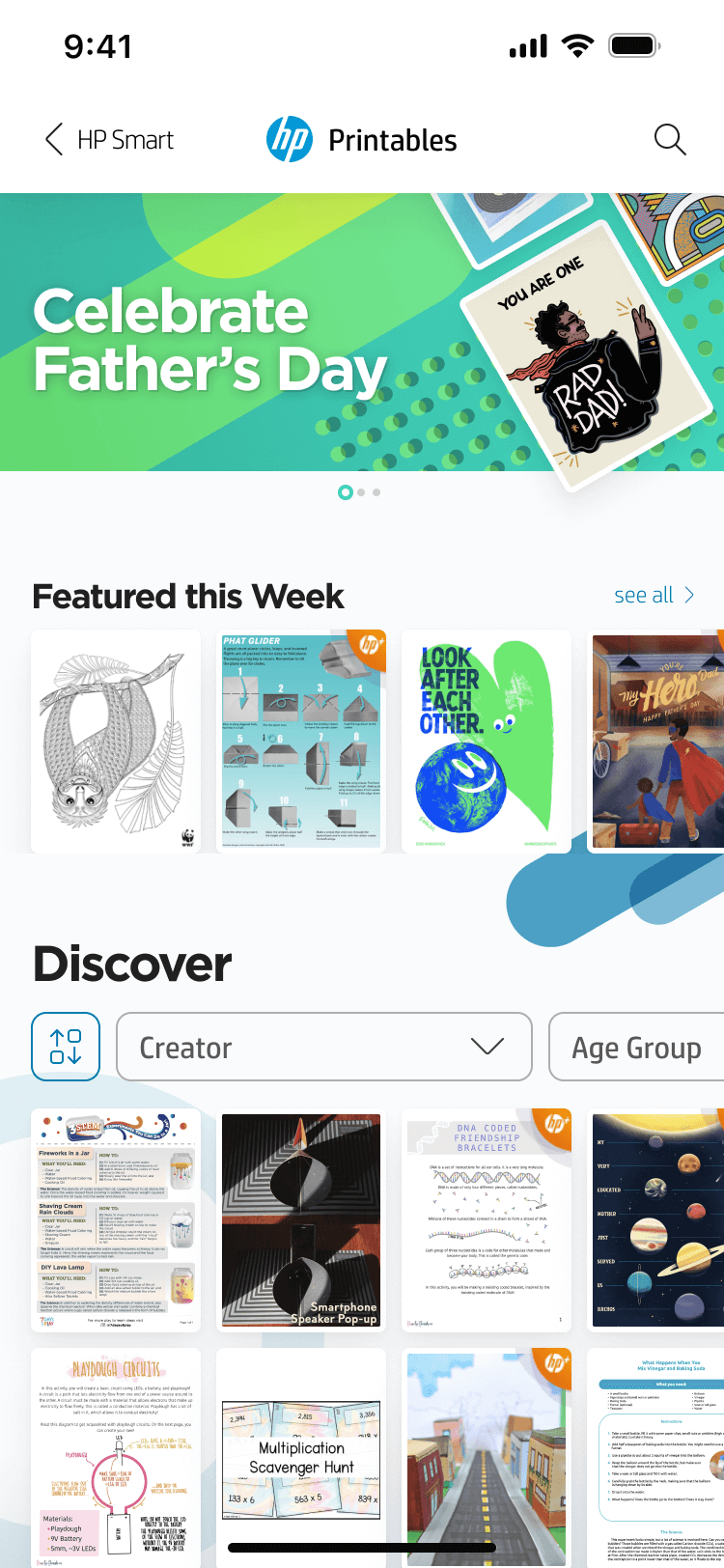 Phone screen displaying the HP Printables app with sections for "Celebrate Father's Day," "Featured this Week," and "Discover," featuring various cards and template options.