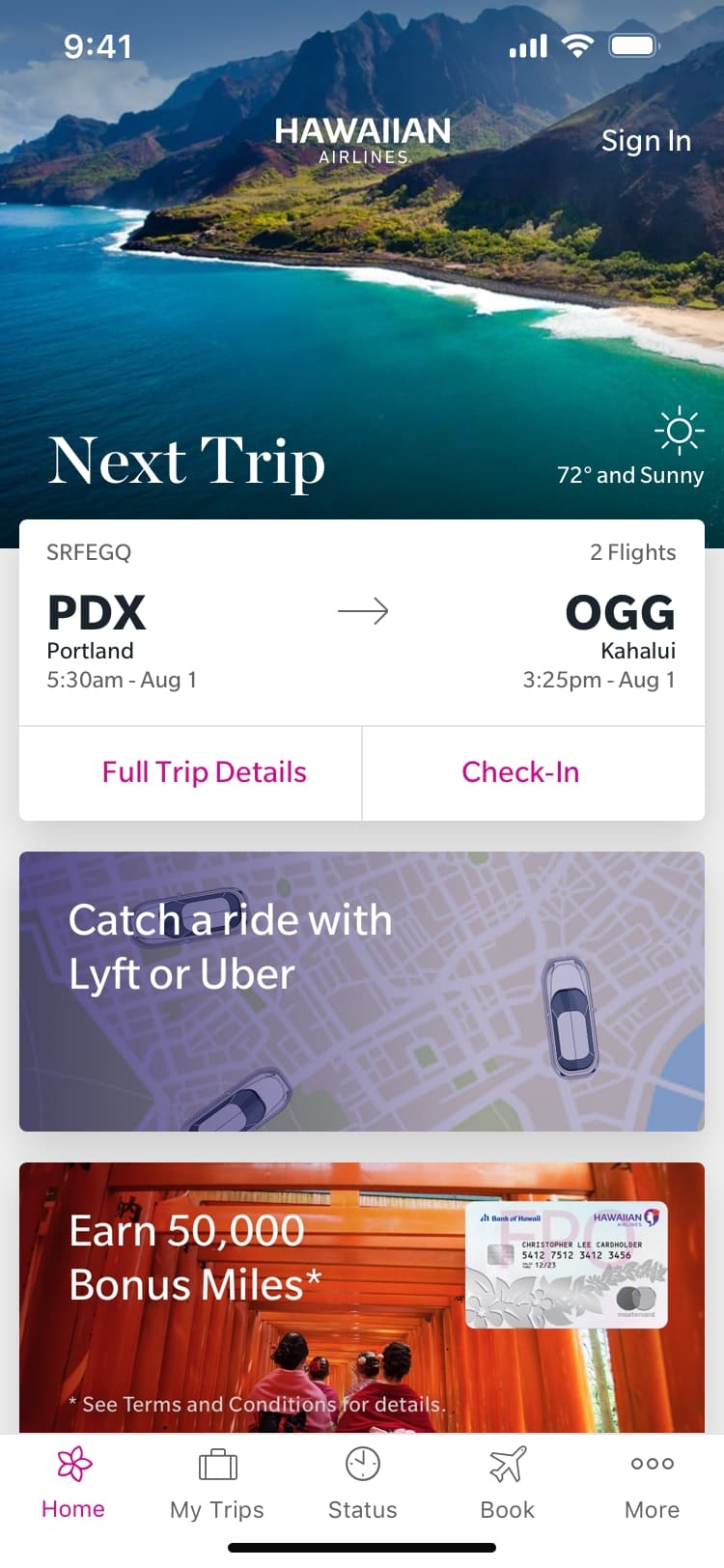 A smartphone screen showing the Hawaiian Airlines app with a trip from Portland (PDX) to Kahului (OGG) details, option to check-in, and various promotional offers.