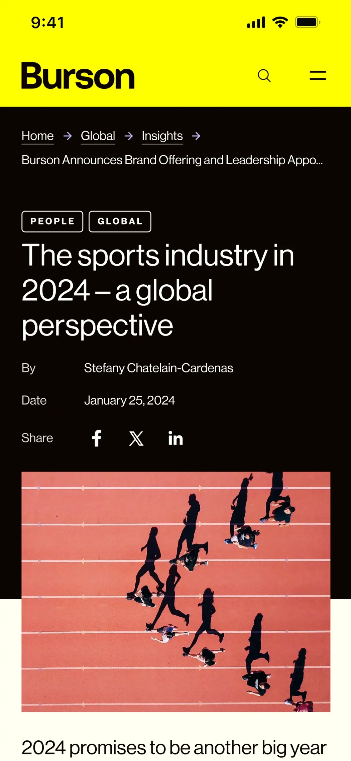 Screenshot of a Burson insights mobile-friendly page, displaying the tags "People" and "Global", a title that reads "The sports industry in 2024 - a global perspective", author and date fields, social share buttons, and a picture of athletes on a running track.