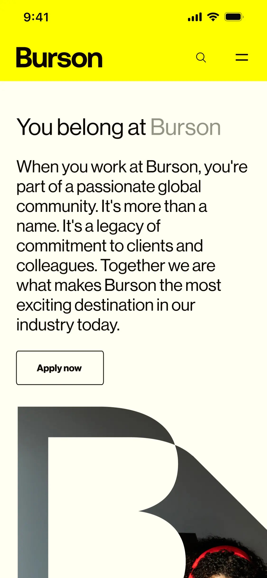 Screenshot of the Burson careers page mobile-friendly design, with a title reading "You belong at Busron", followed by a short paragraph describing Burson's employer brand values and a "Apply now" CTA button.