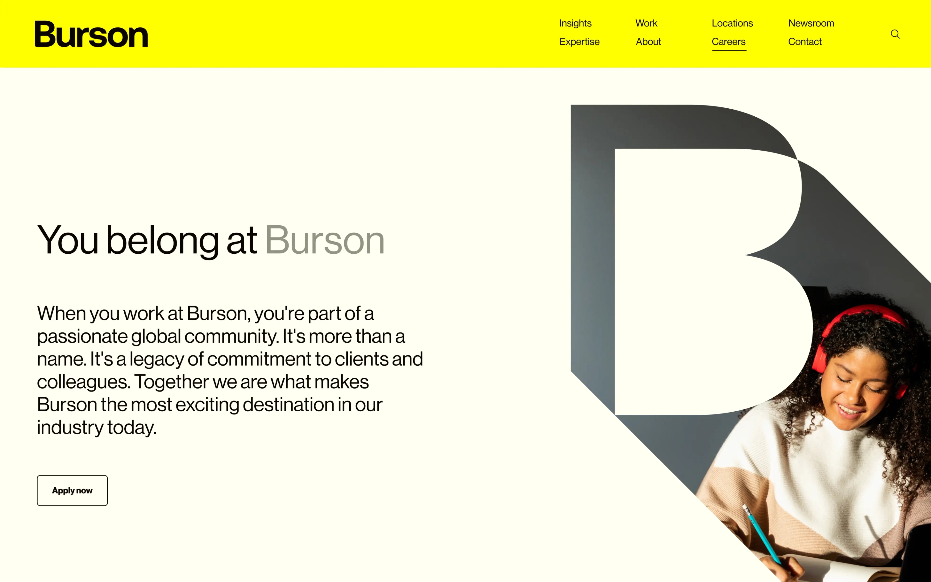 Screenshot of the Burson careers page, with a title reading "You belong at Busron", followed by a short paragraph describing Burson's employer brand values and a "Apply now" CTA button.