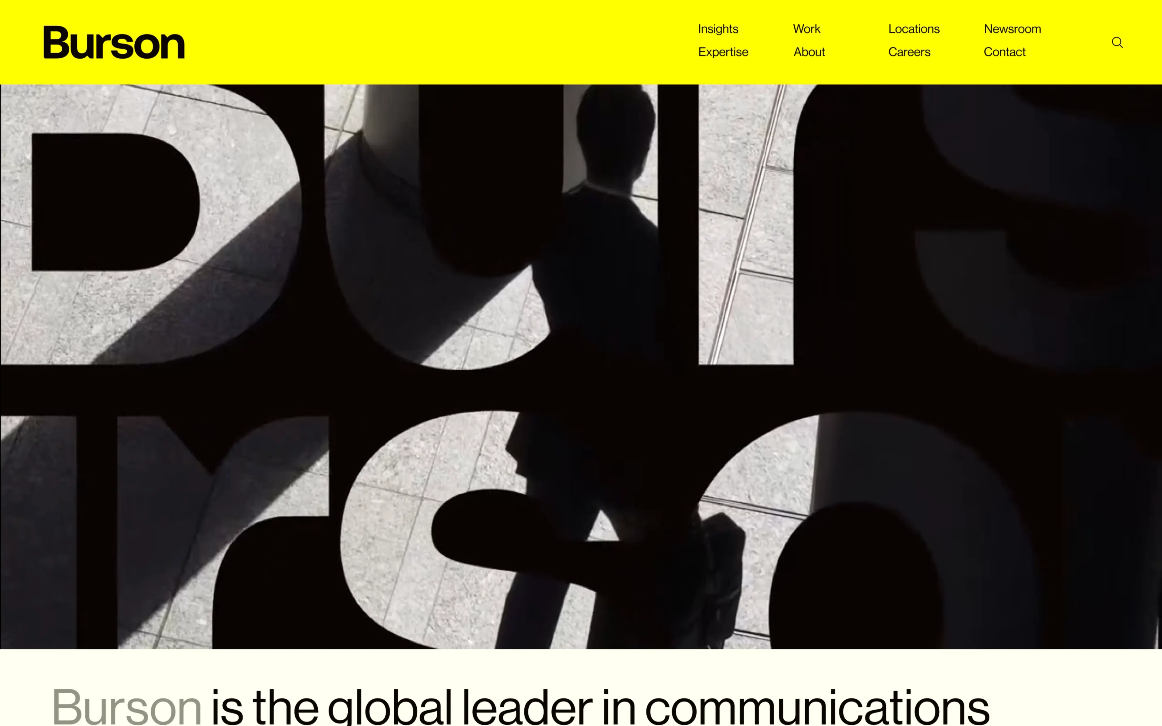 Screenshot of the Burson website homepage, displaying a menu, a paused animated banner, and a title that reads "Burson is the global leader in communications".