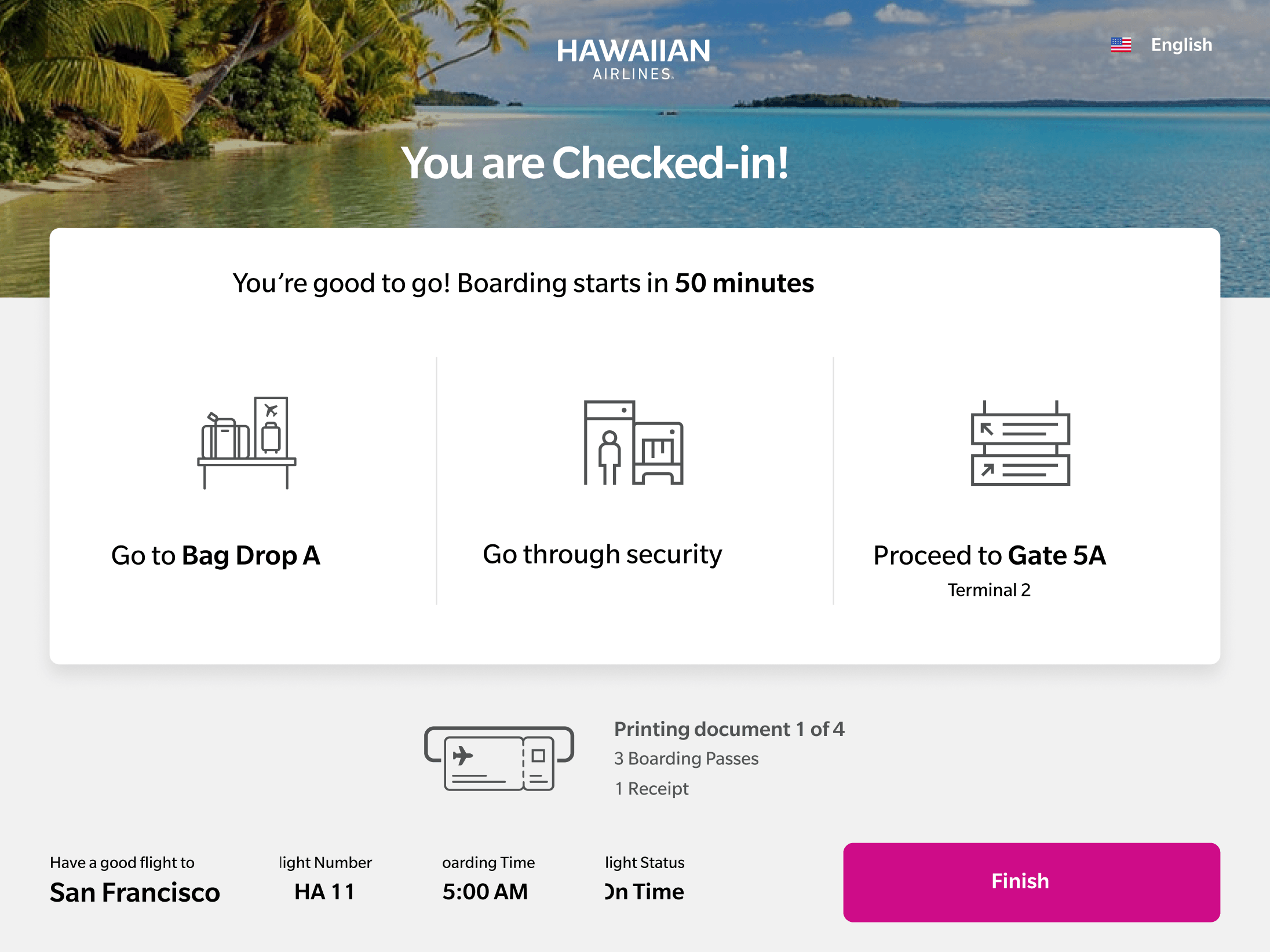 Digital boarding pass for a flight to San Francisco, available on the Hawaiian Airlines app, indicating the user is checked in. Instructions include going to bag drop, going through security, and proceeding to Gate 5A. Boarding starts in 50 minutes.