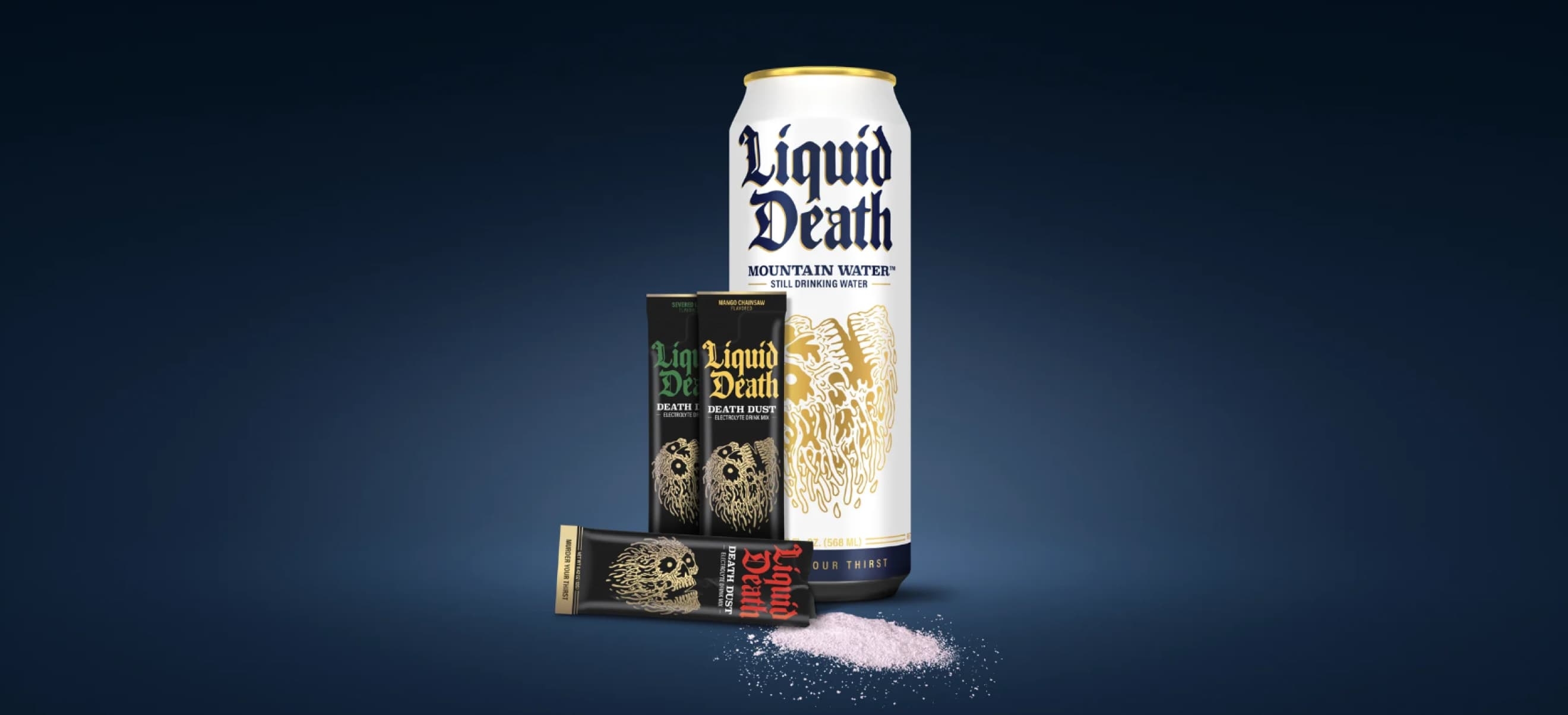 A tall can of Liquid Death is placed beside two smaller packages of powdered substances labeled with the same brand, all set against a dark blue background.