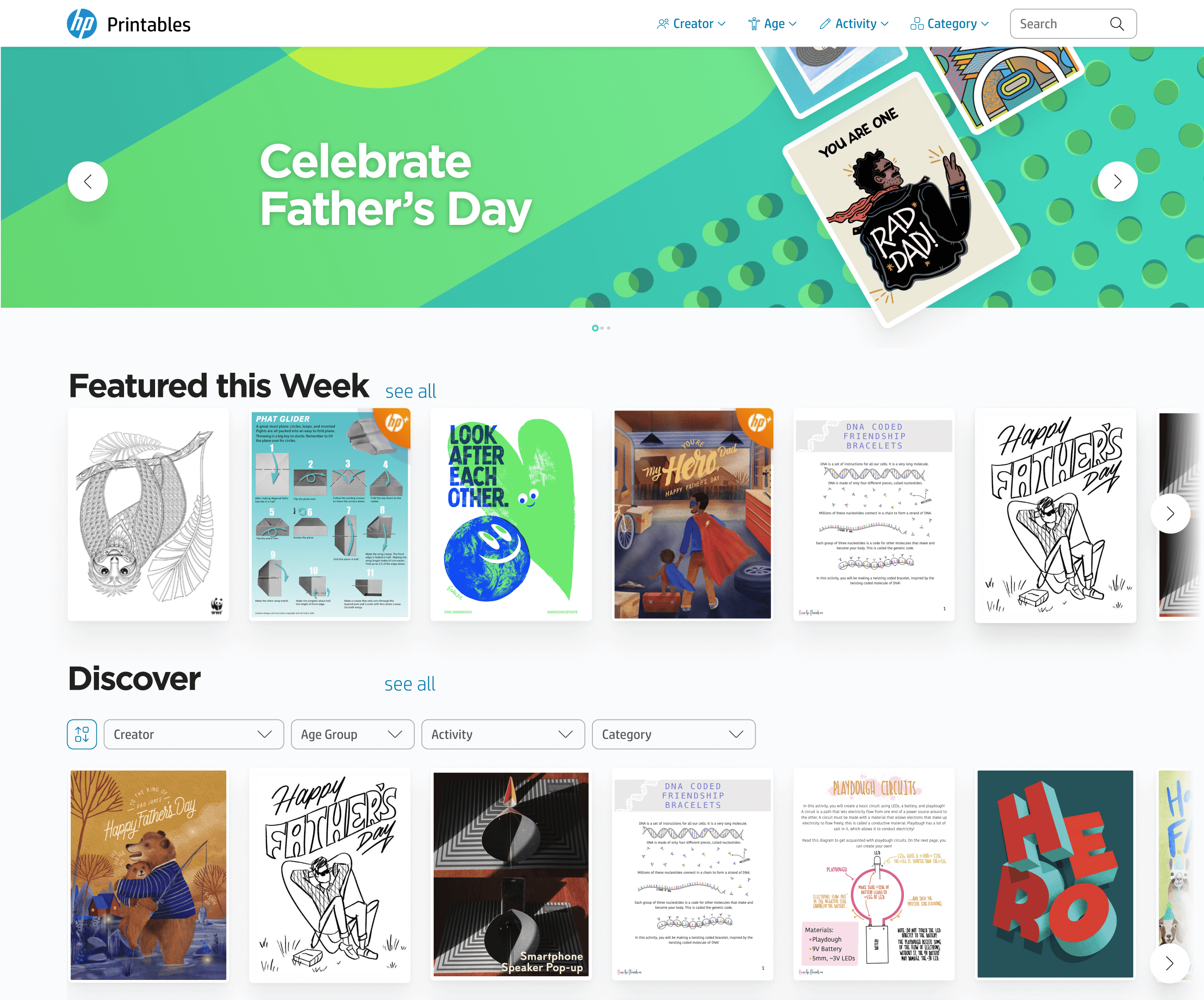 Screenshot of an online printables store homepage, featuring a Father's Day promotion. Below, a section titled "Featured this Week" displays various designs available through the HP Printables app.