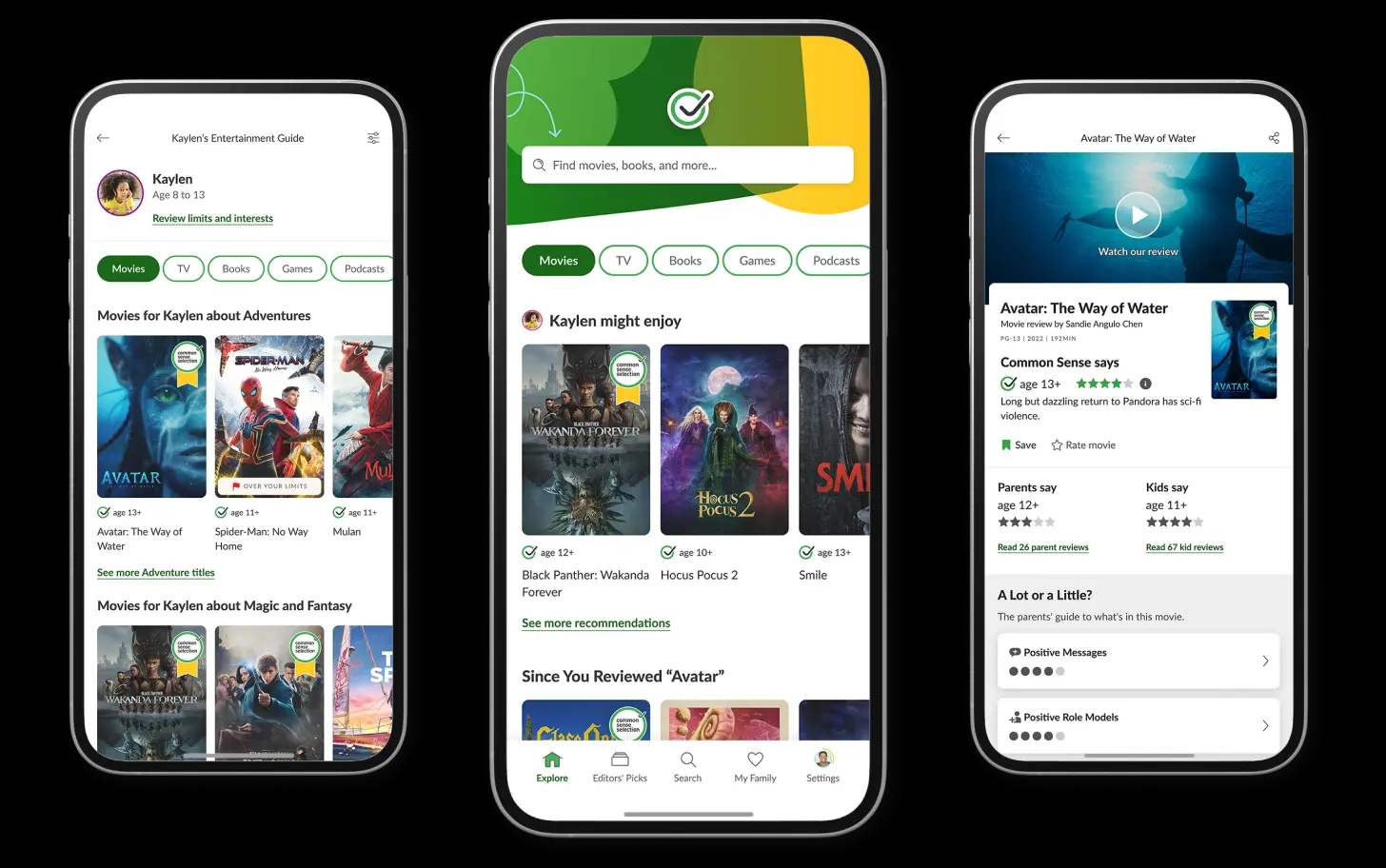 Three smartphones display the Common Sense Media app with categories such as "Movies for Kaylen" and "Kaylen might enjoy." Film titles include "Avatar," "Black Panther," and "The Lord of the Rings.