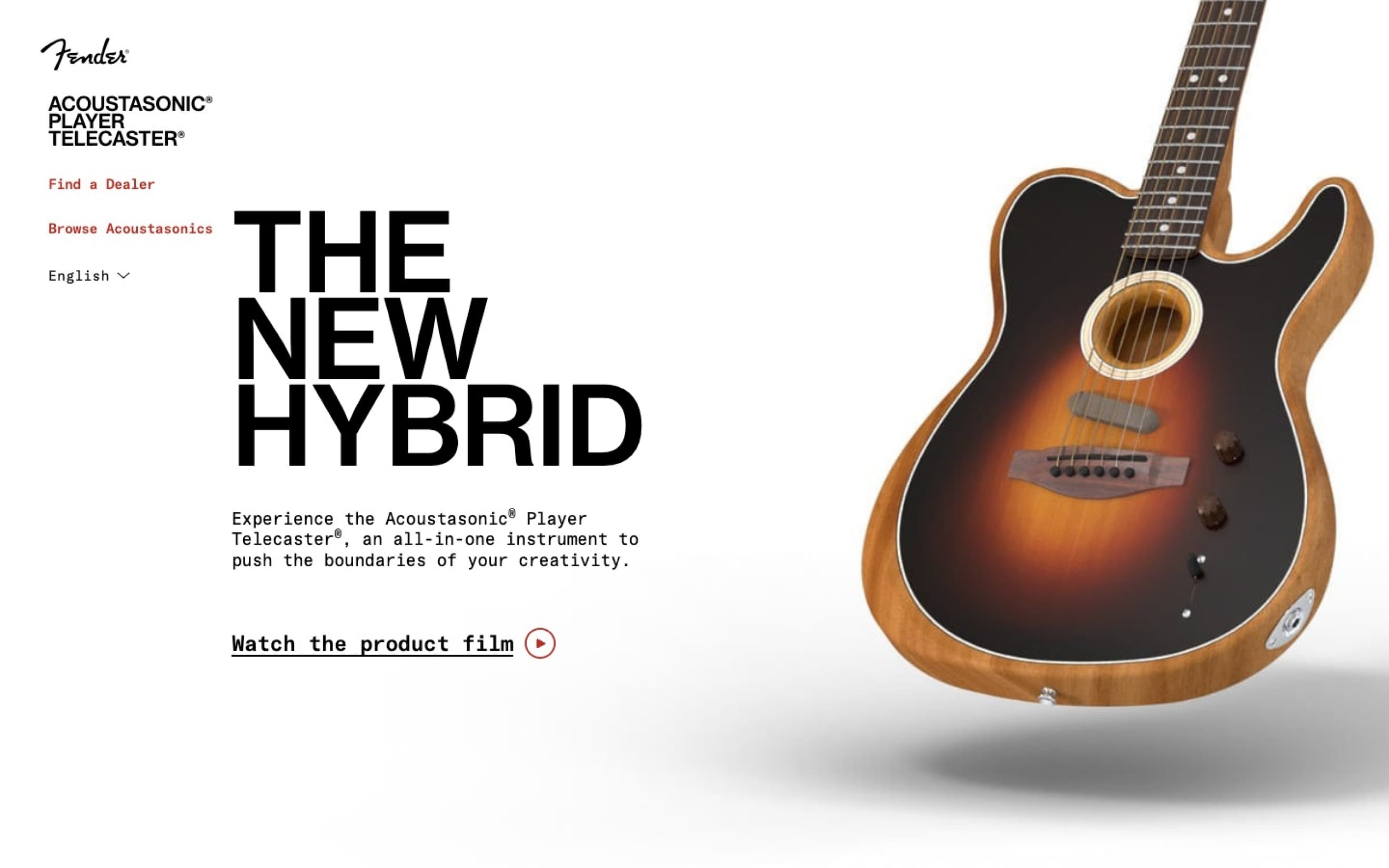 Screenshot of a web page displaying the Fender website by ArcTouch. The page features text describing it as "The New Hybrid" and contains a button prompting to watch a product film.