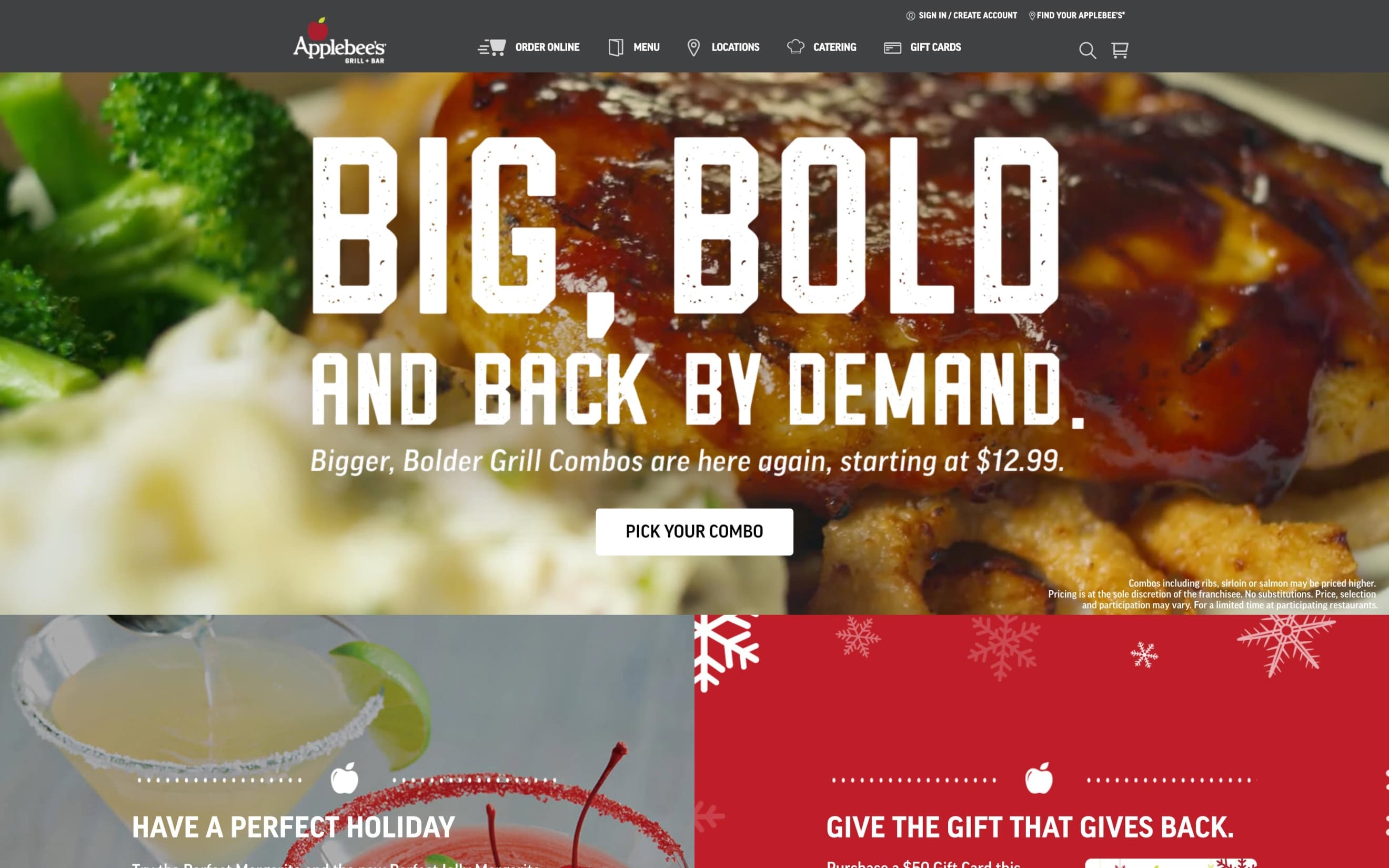 Applebee's promotional banner featuring a dish with broccoli and mashed potatoes, text reads "Big, Bold and Back By Demand." Below, there are images promoting holiday gifts and cocktails. Visit the Applebee's website designed by ArcTouch for more details.