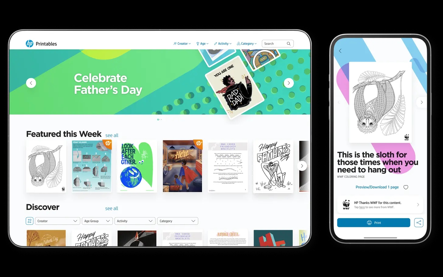 A tablet and a phone display a website's content themed around Father's Day, featuring printable designs including banners, cards, and other creative printables from the HP Printables app.