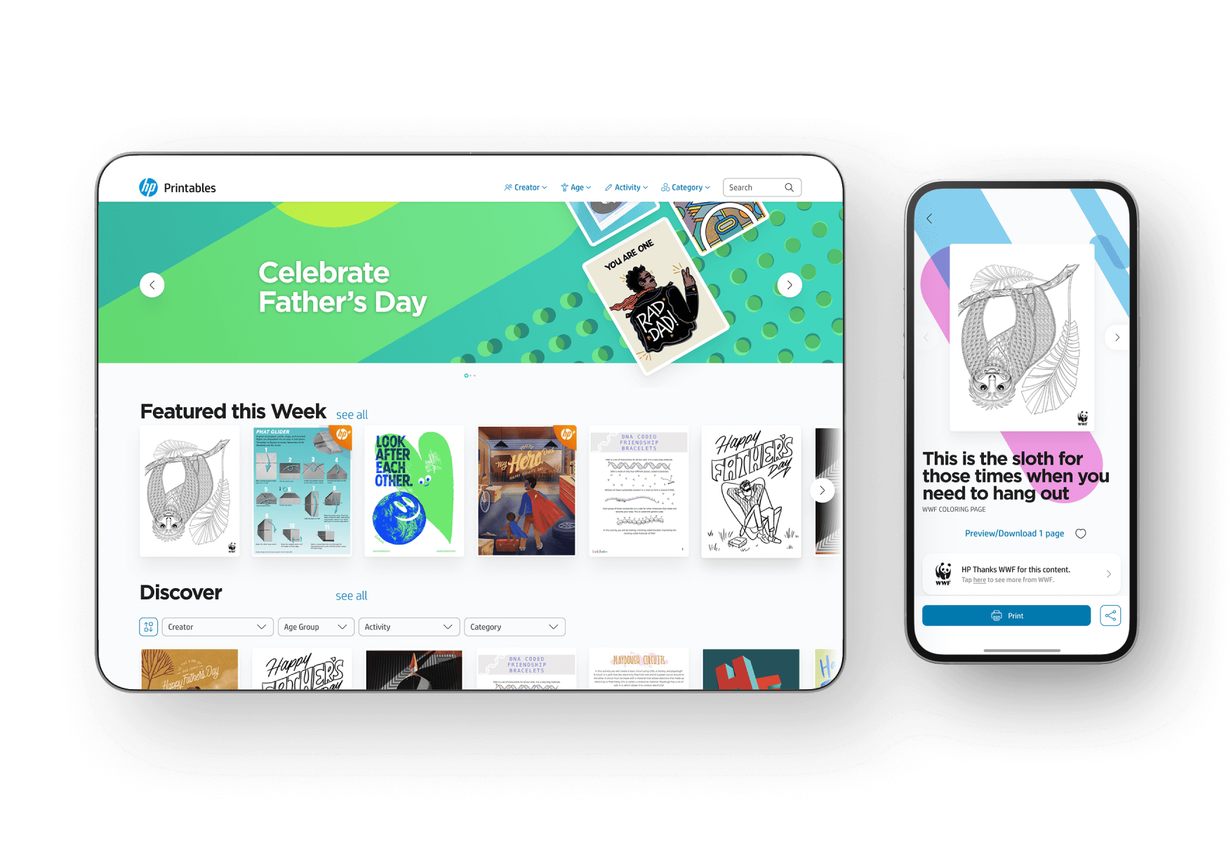A tablet and a phone display a website's content themed around Father's Day, featuring printable designs including banners, cards, and other creative printables from the HP Printables app.
