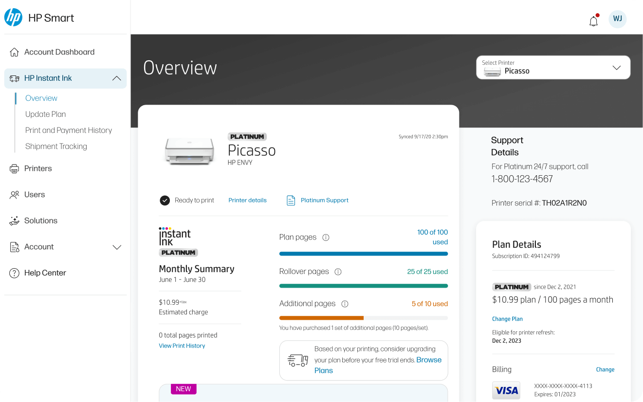 HP Instant Ink app interface displaying an account overview for an HP printer. The screen shows navigation options on the left, an "Overview" section in the center, and "Support" and "Plan Details" on the right.