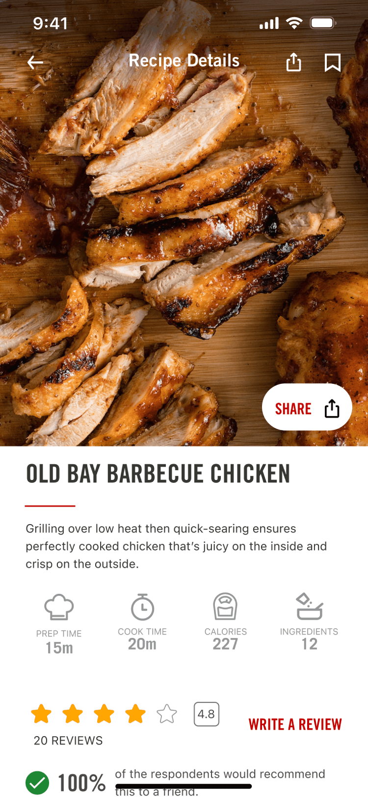 A smartphone screen showing a recipe for Old Bay Barbecue Chicken with an image of cooked chicken on the McCormick app. The recipe includes star ratings, prep and cook time, calories per serving, and a 'Save Recipe' button.