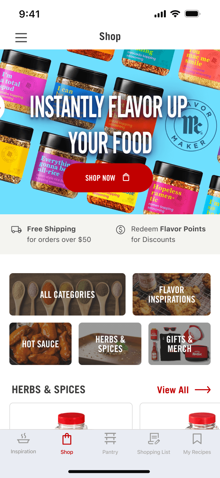 McCormick app screen displaying a shop interface with a banner reading "Instantly flavor up your food." Below the banner are categories for spice products with thumbnails and various options like herbs, spices, and special offers.