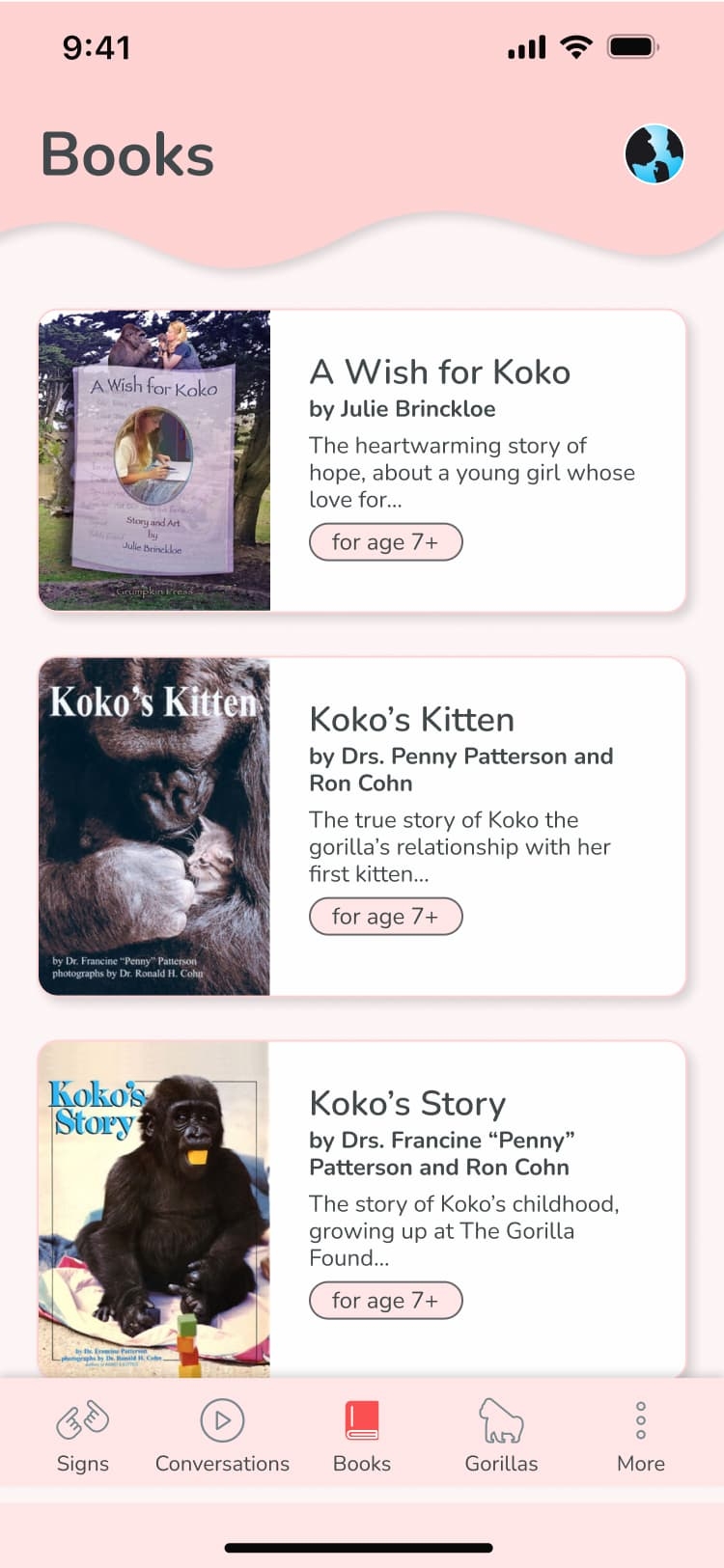 A mobile phone screen displaying the Koko Signs app with a pink theme. The app shows a list of four books with their cover images, titles, authors, and short descriptions. The top bar reads "Books.