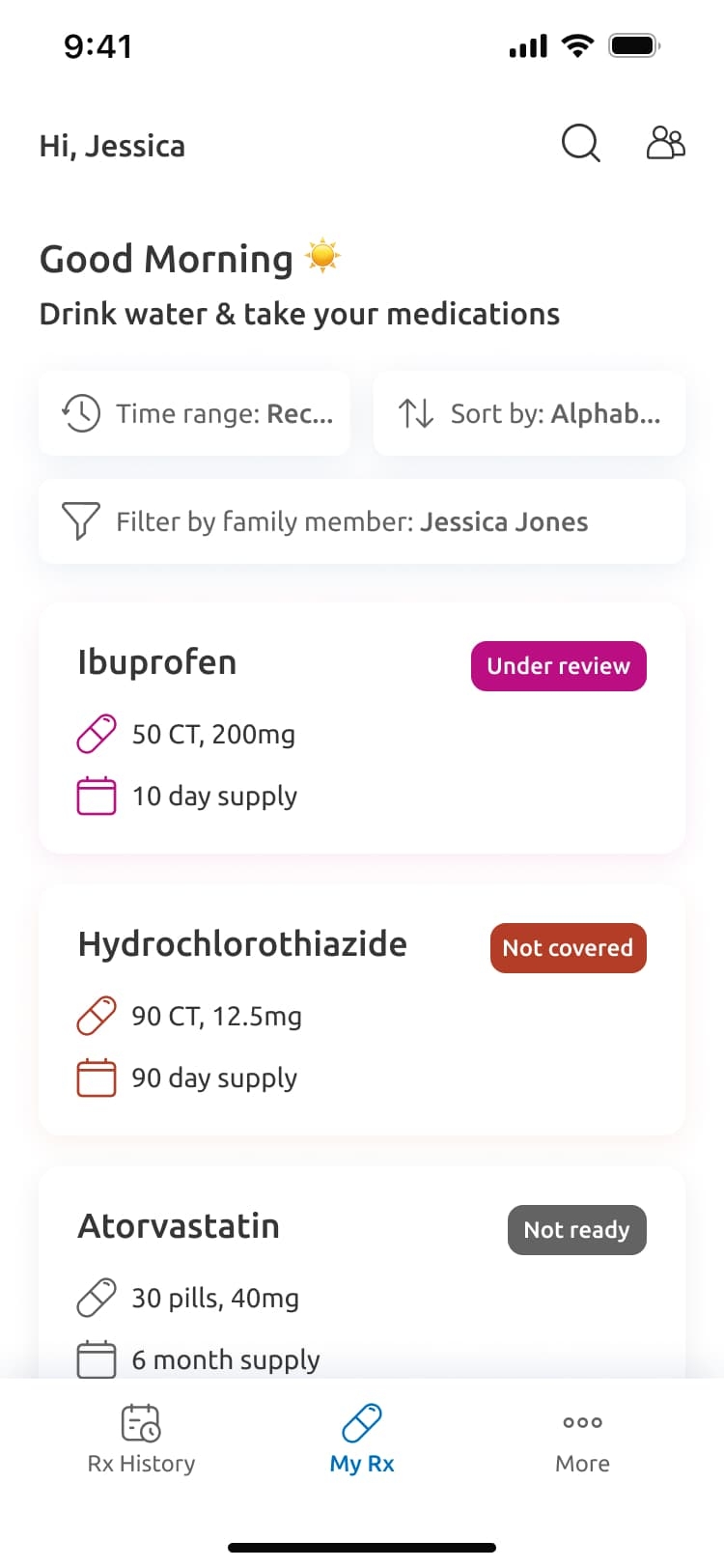 A mobile screen showing the Magellan app with reminders for three medicines: Ibuprofen, Hydrochlorothiazide, and Atorvastatin. Each medication is listed with dosage and supply details.
