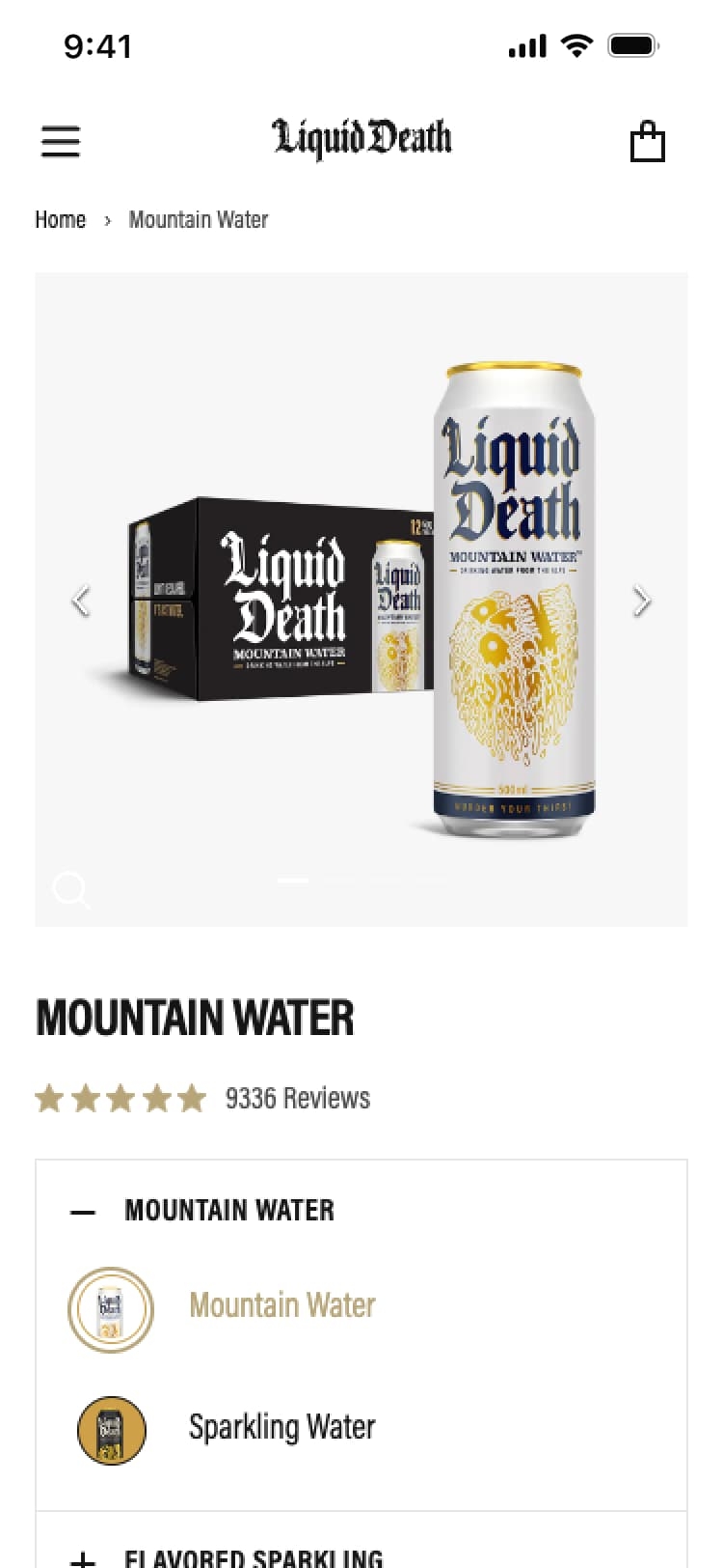 Screenshot of an app page featuring the Liquid Death app by ArcTouch and a 12-pack box, rated 4.9 stars from 358 reviews. Options for mountain water and sparkling water are shown.