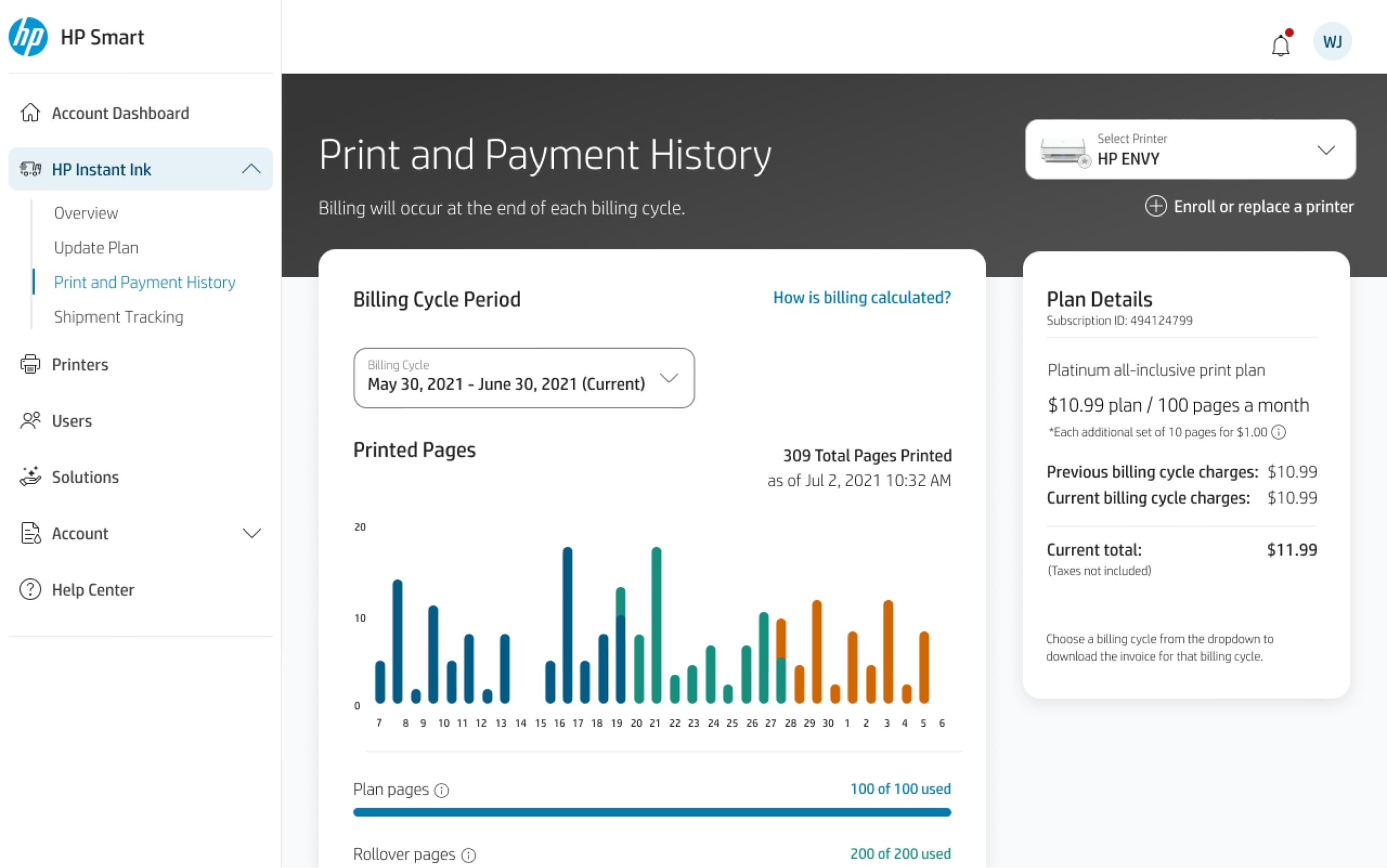 Screenshot of an HP Instant Ink app dashboard displaying the Print and Payment History. It shows the billing cycle period, printer usage statistics, and plan details including current charges and printed pages