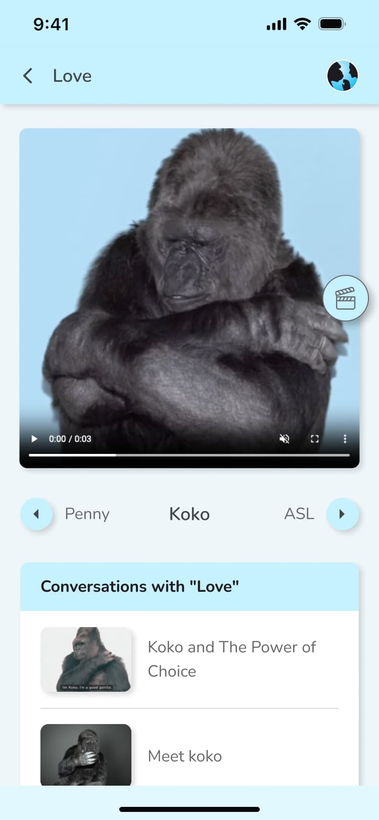 Koko Signs app screen displays a video of a gorilla named Koko. There are options below including videos and related clips.