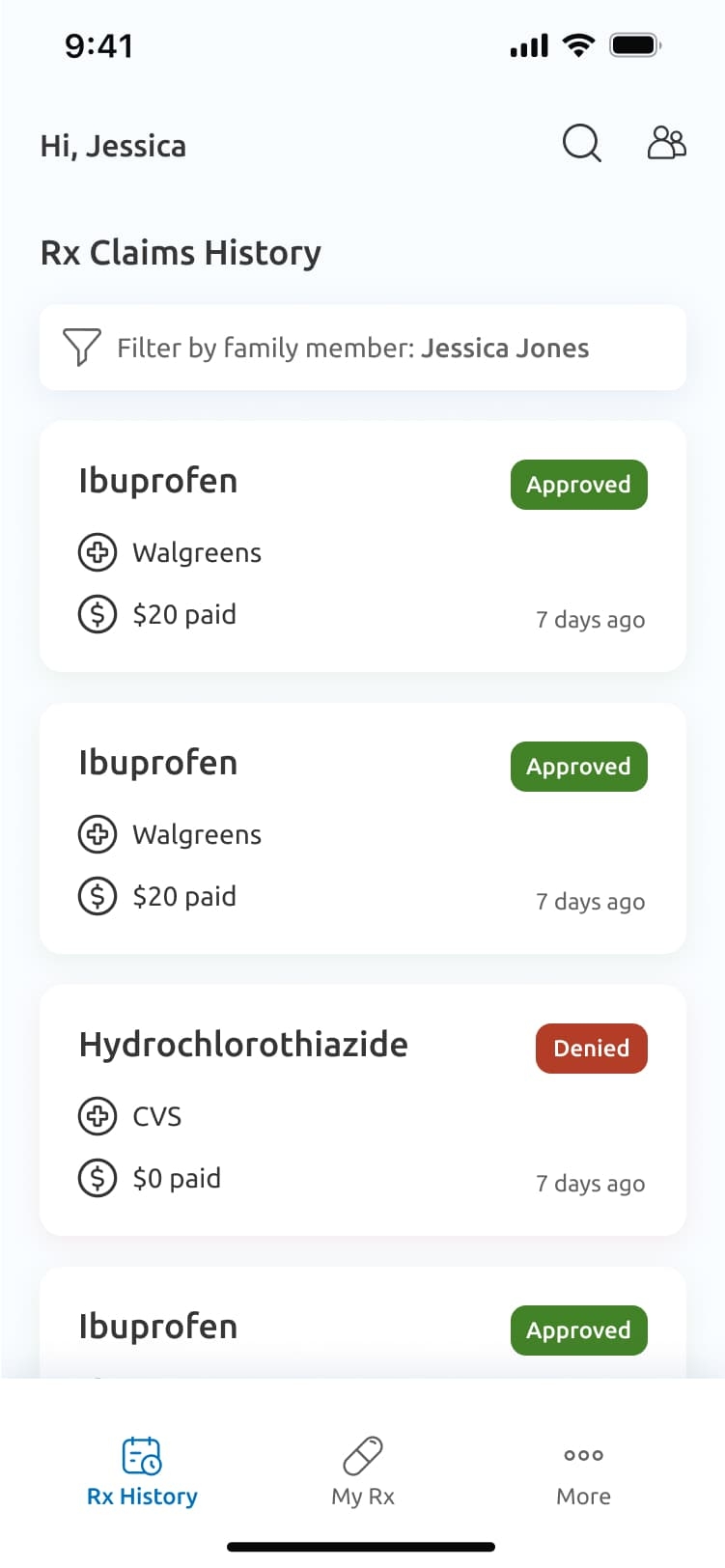 A Magellan app screen displaying Rx Claims History for Jessica. Ibuprofen claims are approved, while a hydrochlorothiazide claim is denied.