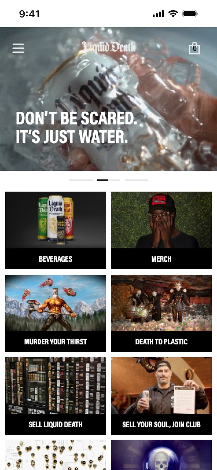 Mobile screen displaying the Liquid Death app's homepage with sections including "Beverages," "Weed," and "Watch Your Thirst." A large image above shows a hand in water with the text “Don't Be Scared. It's Just Water.”.