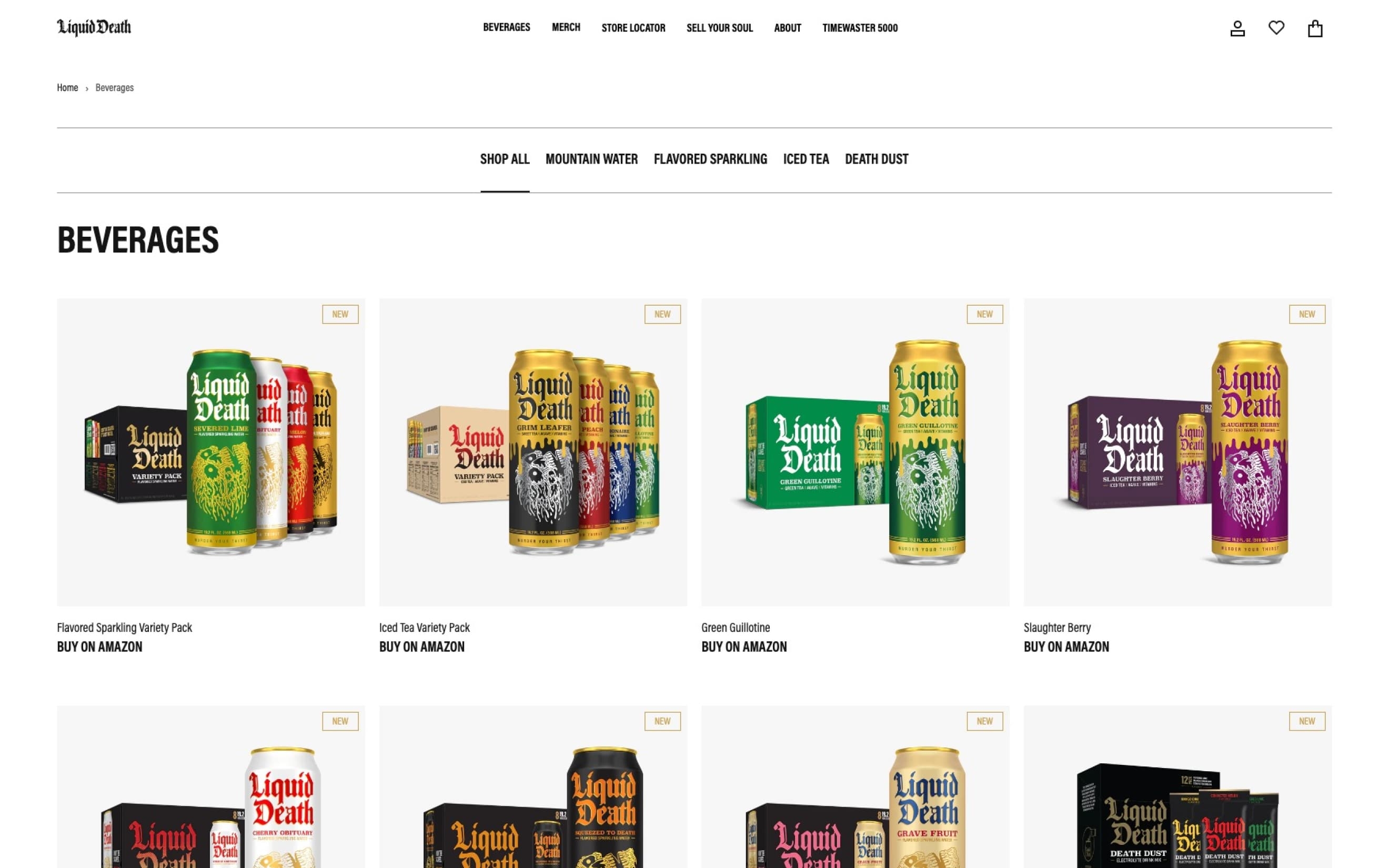 Screenshot of a webpage displaying various flavors of ArcTouch branded Liquid Death website available for purchase. The page includes options for cases and individual cans.