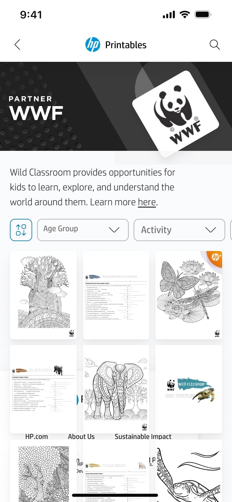 A mobile screen displays the HP Printables app featuring printable coloring pages with wildlife themes and a section for selecting age group and activity type.