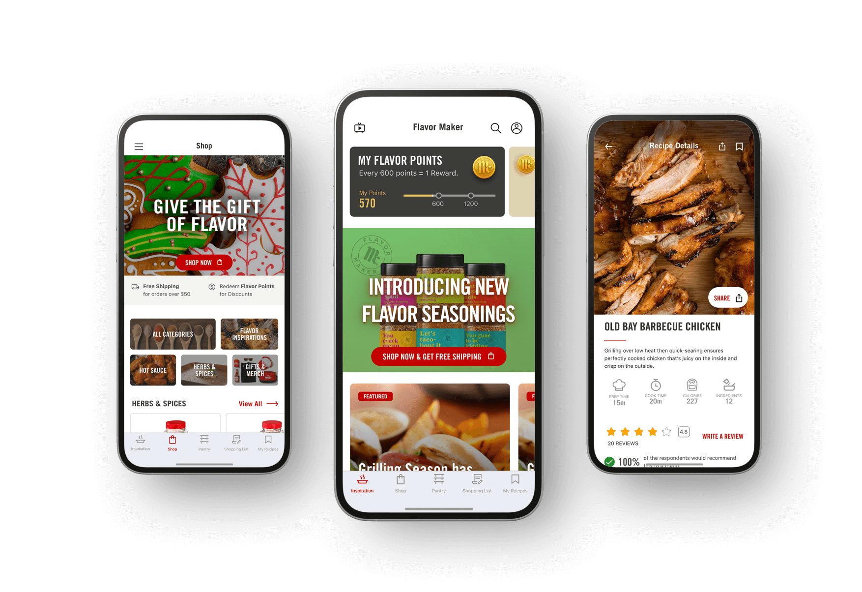 Three smartphones displaying the McCormick app's user interface with different screens, including a homepage, a menu listing sauces, and a detailed item description of BBQ ribs.