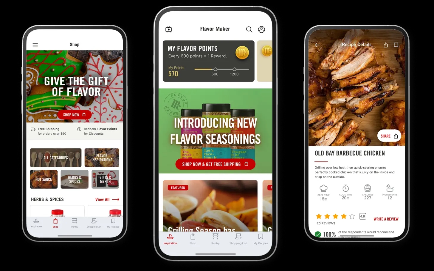 Three smartphones displaying the McCormick app's user interface with different screens, including a homepage, a menu listing sauces, and a detailed item description of BBQ ribs.