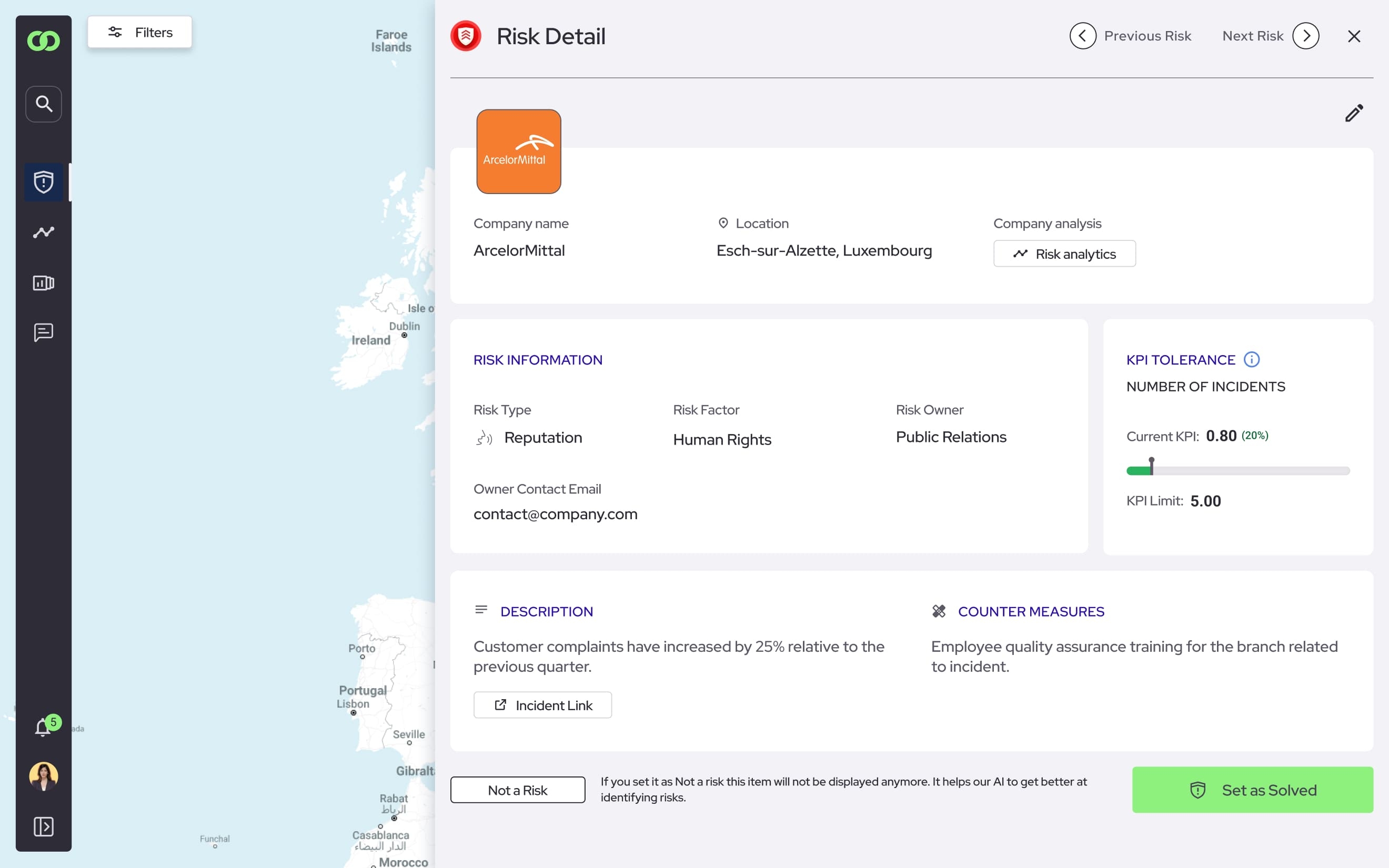 Screenshot of a risk detail page on the Cure Intelligence website by ArcTouch that helps companies manage supply chain, showing company information, risk type (reputational), risk focus (human rights), and countermeasures. A map is visible on the left side of the screen.