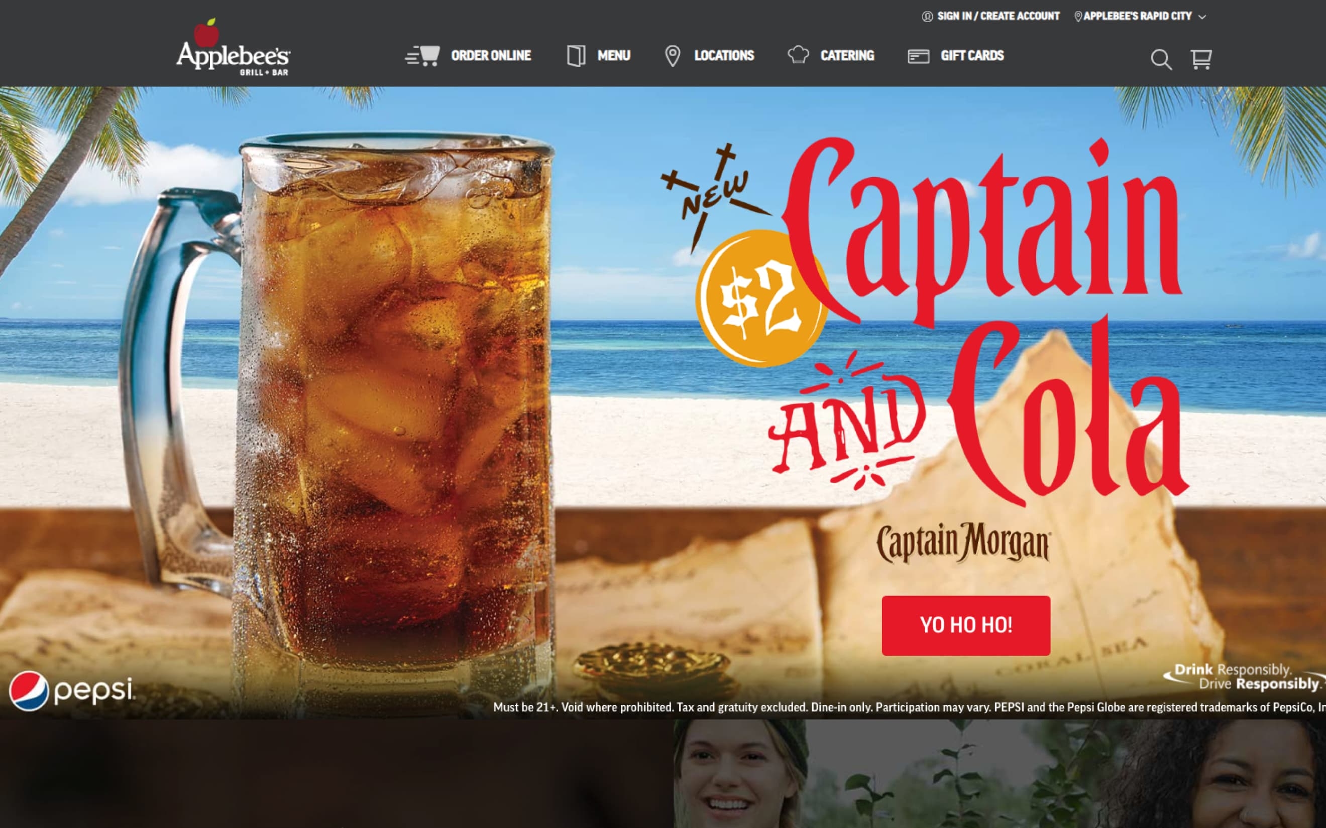 A promotional image showing the Applebee's website being advertised for $2 at Applebee's. The background features a beach scene with palm trees and a clear blue sky.