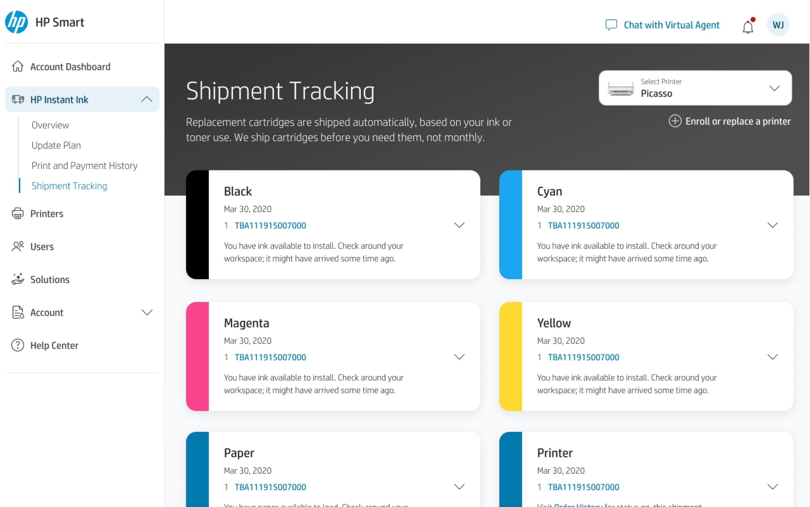 Screenshot of HP Instant Ink app's shipment tracking page showing the tracking details for various printer ink and paper supplies including Black, Cyan, Magenta, Yellow, Paper, and Printer shipments.