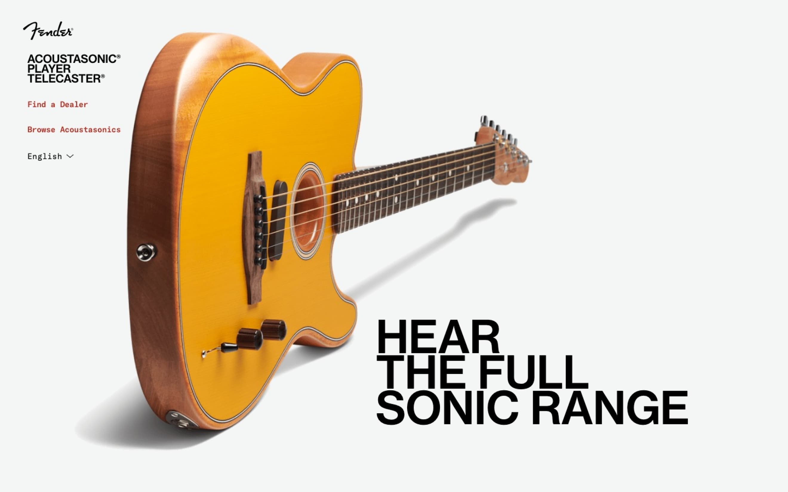 Screenshot of the Fender website, featuring a orange color guitar, displayed against a white background with text reading "HEAR THE FULL SONIC RANGE" to the right of the website.