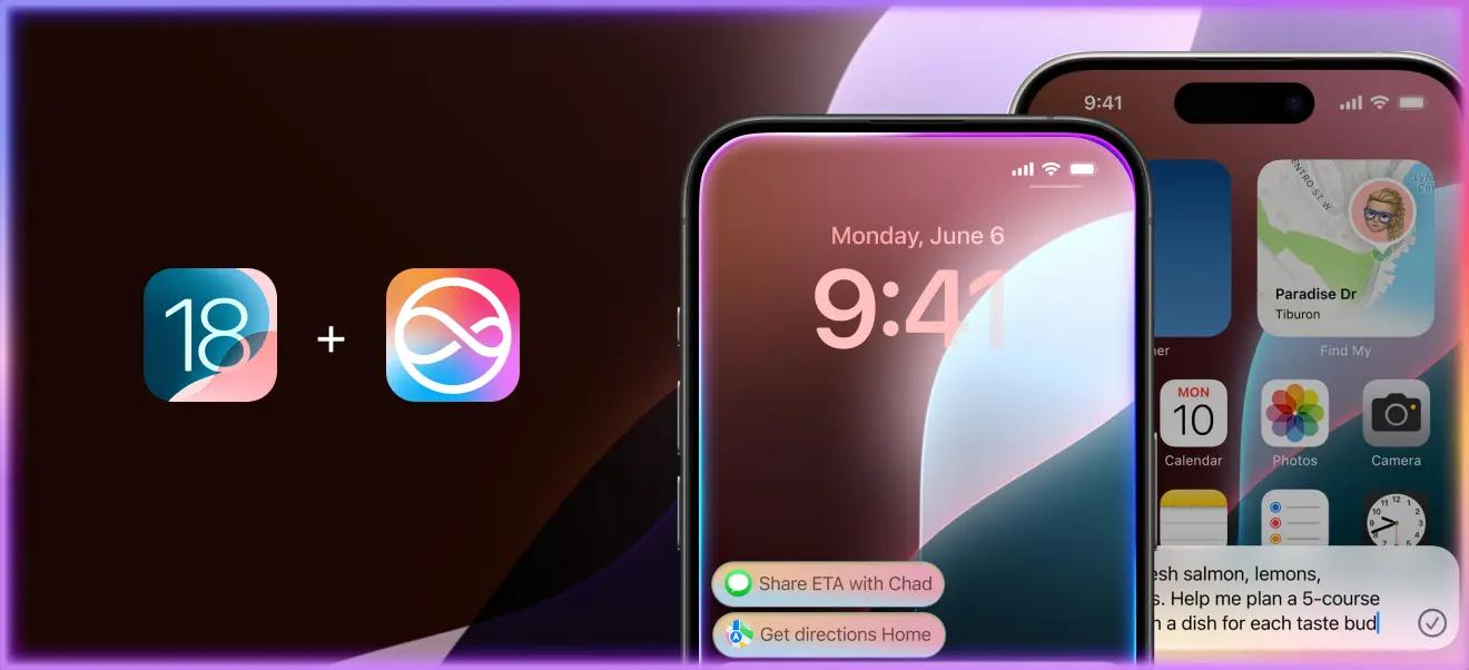 Two iPhone screens displaying Siri commands, alongside the iOS 18 + Siri logos