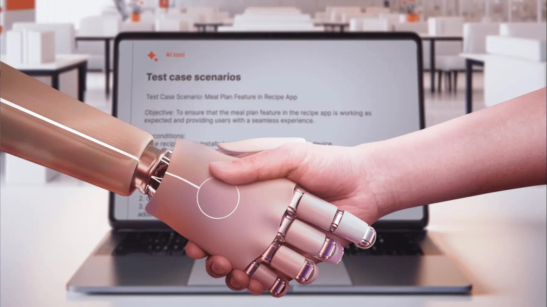 Human shakes hand with robot in front of computer that displays a test case scenario example in an AI tool
