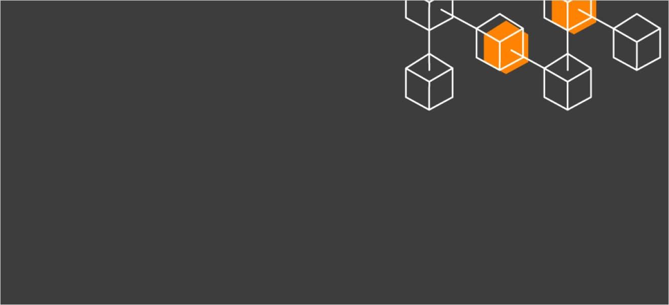 Abstract graphic of white-lined cubes, some filled with orange, arranged against a dark gray background, evoking the concept of blockchain in a visually striking manner.