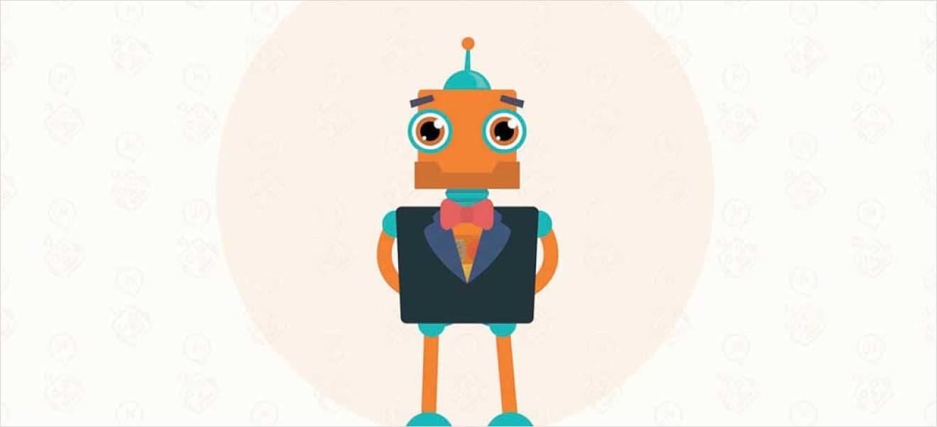Illustration of an orange robot with a turquoise head, large eyes, wearing a black jacket and red bow tie. It's standing against a beige circular background, embodying the tech-savvy spirit companies must-know before building chatbots.
