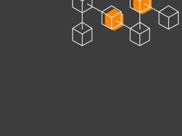 Abstract graphic of white-lined cubes, some filled with orange, arranged against a dark gray background, evoking the concept of blockchain in a visually striking manner.